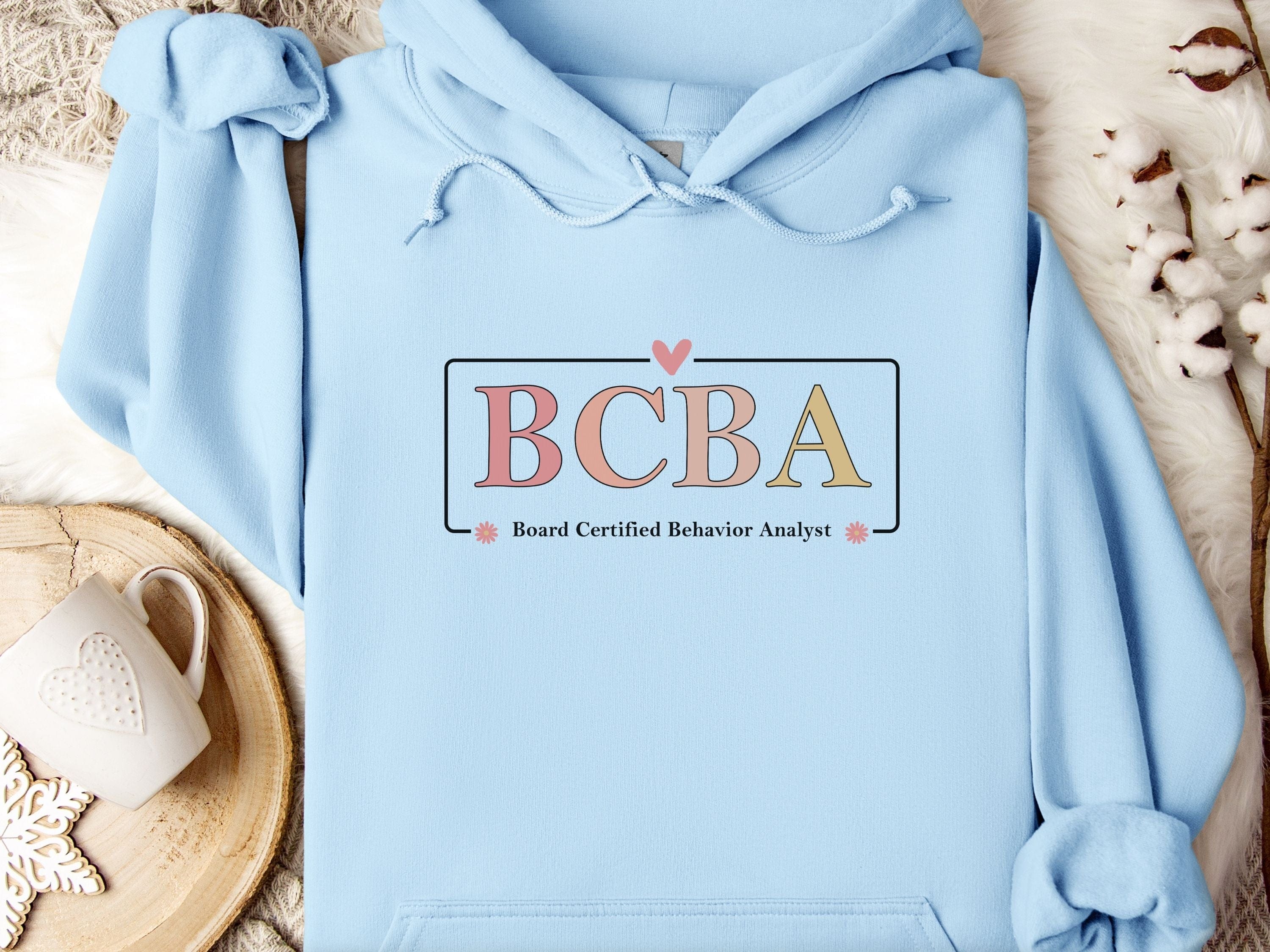 BCBA Outline Heart & Floral Hoodie-Light Blue-Neurodiversity, ADHD & Autism Awareness & Acceptance Hoodie by Daily Bloom