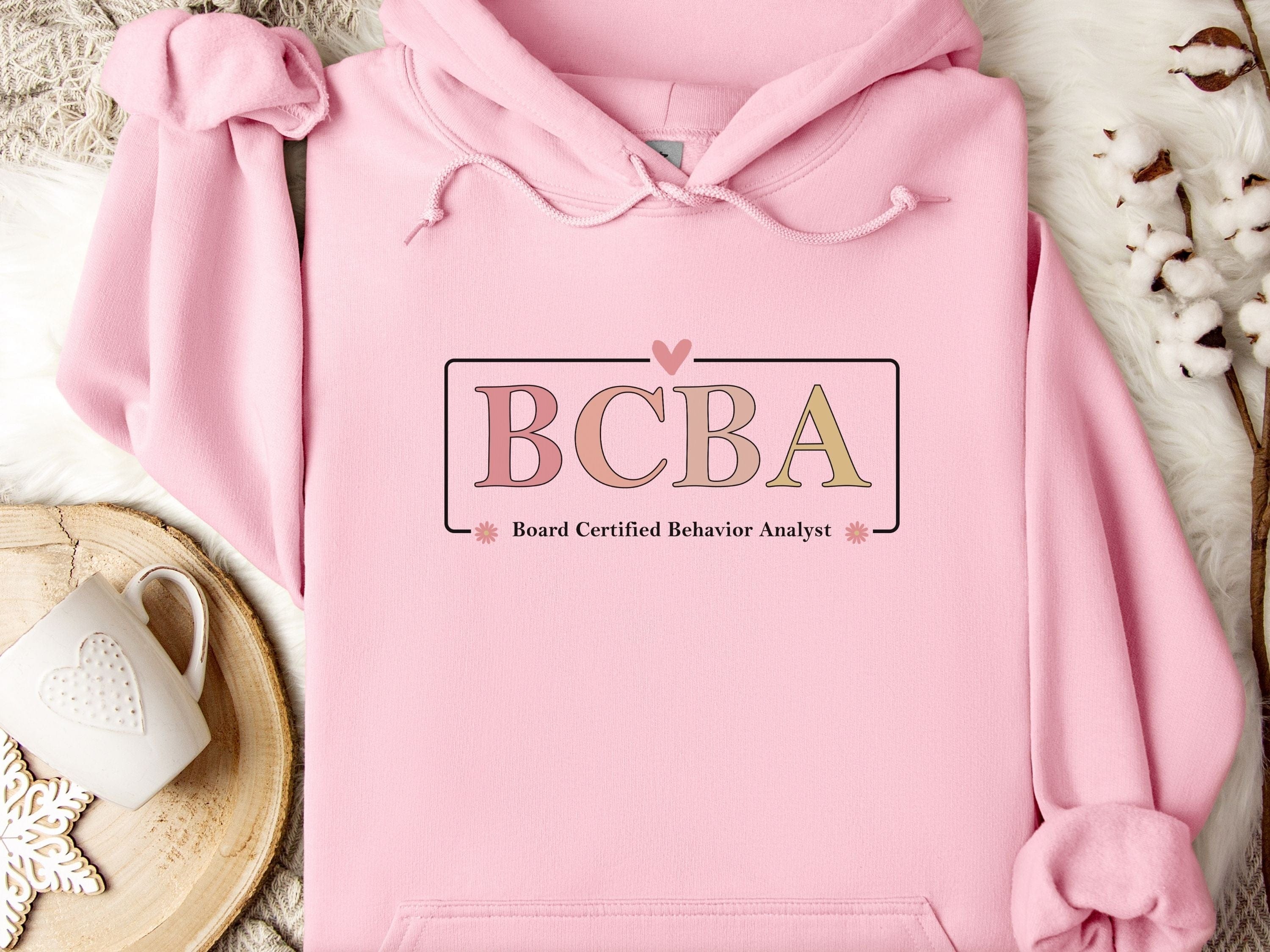 BCBA Outline Heart & Floral Hoodie-Light Pink-Neurodiversity, ADHD & Autism Awareness & Acceptance Hoodie by Daily Bloom