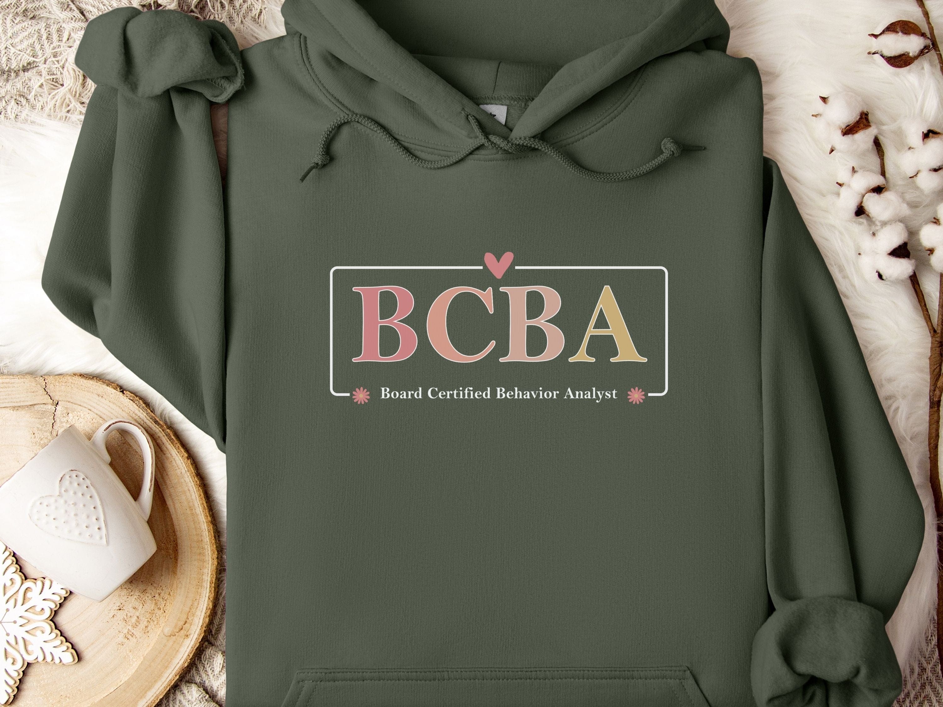 BCBA Outline Heart & Floral Hoodie-Military Green-Neurodiversity, ADHD & Autism Awareness & Acceptance Hoodie by Daily Bloom