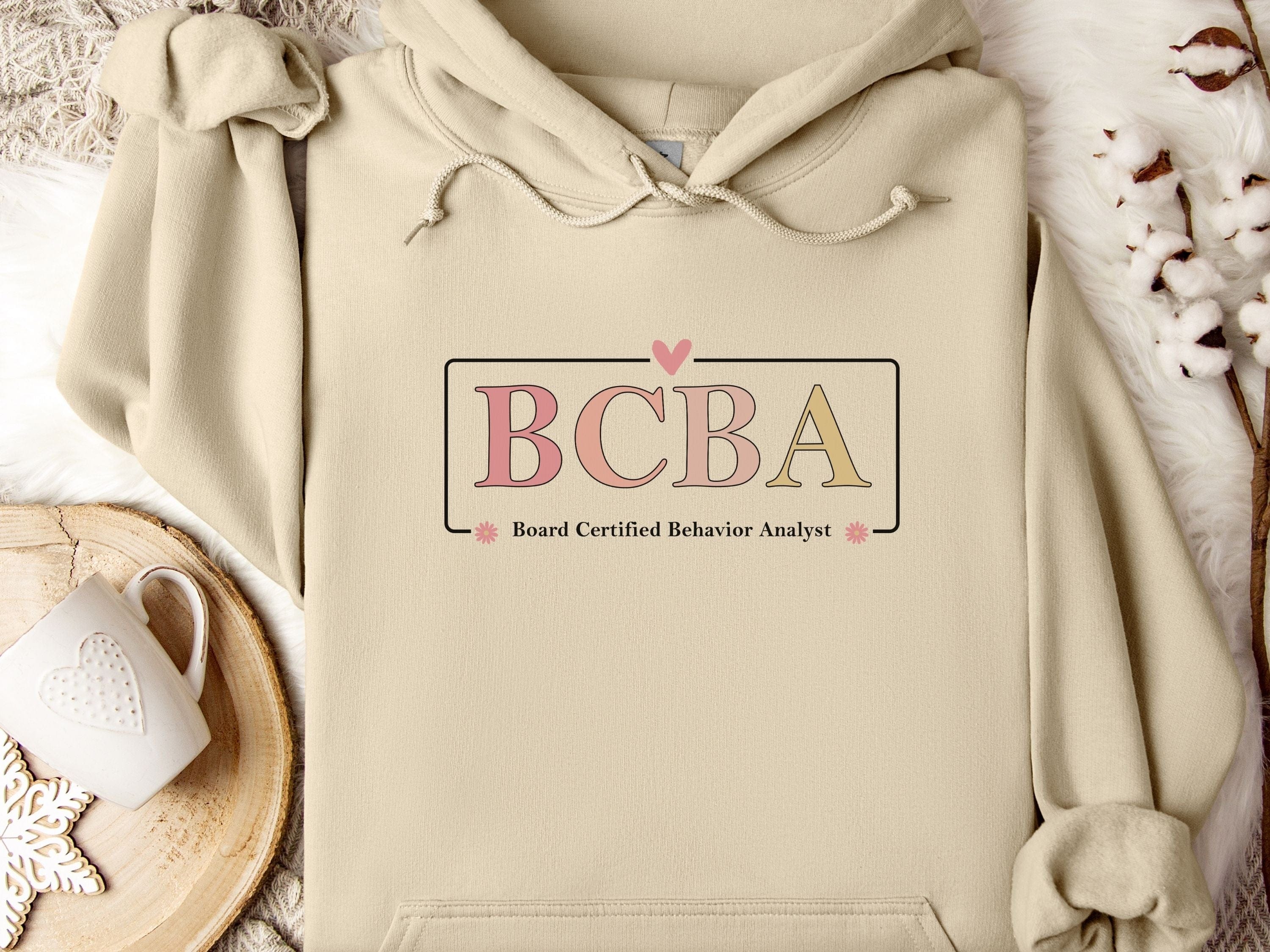 BCBA Outline Heart & Floral Hoodie-Sand-Neurodiversity, ADHD & Autism Awareness & Acceptance Hoodie by Daily Bloom