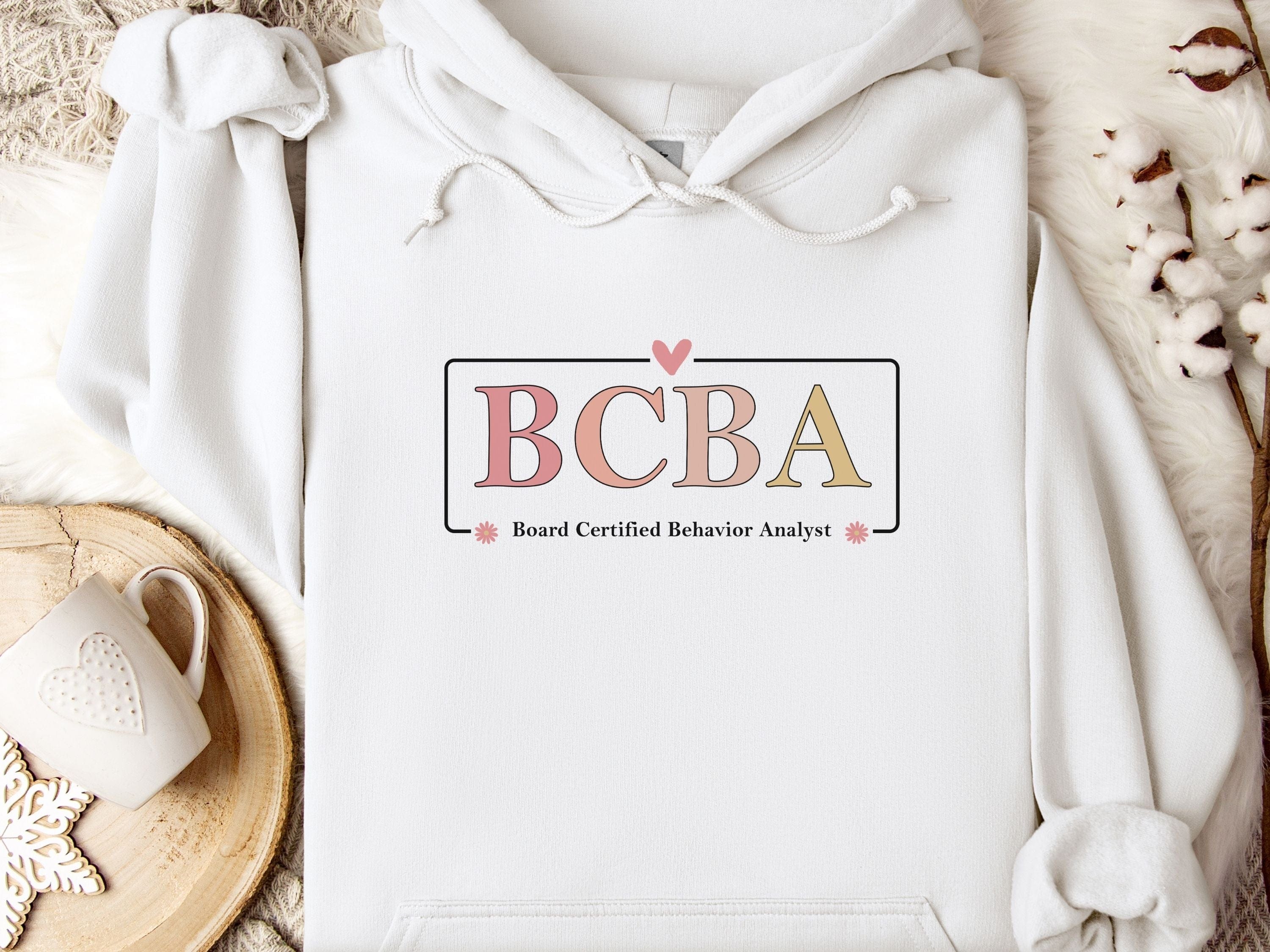 BCBA Outline Heart & Floral Hoodie-White-Neurodiversity, ADHD & Autism Awareness & Acceptance Hoodie by Daily Bloom