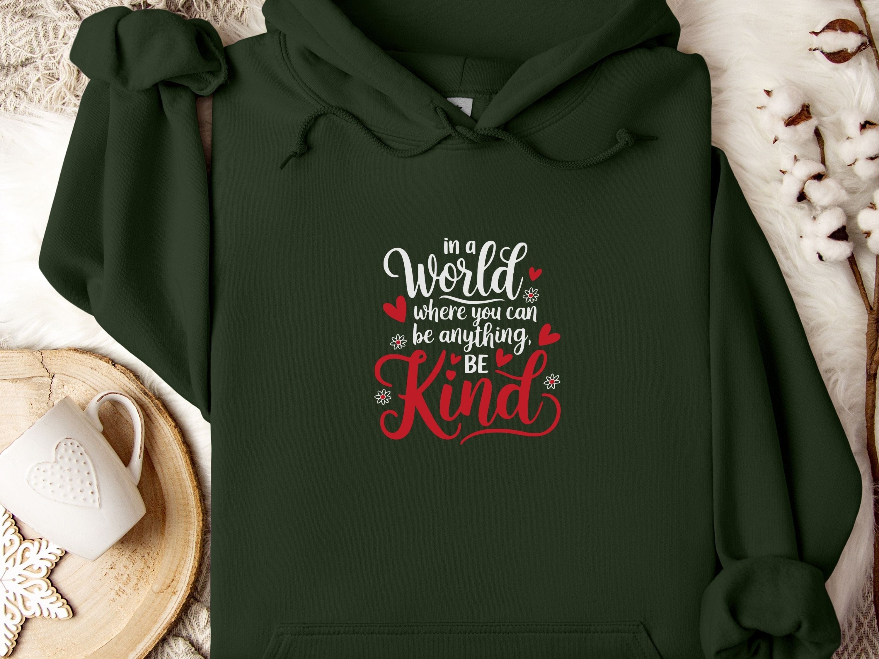 Be Kind Love Hearts Hoodie-Forest Green-Neurodiversity, ADHD & Autism Awareness & Acceptance Hoodie by Daily Bloom