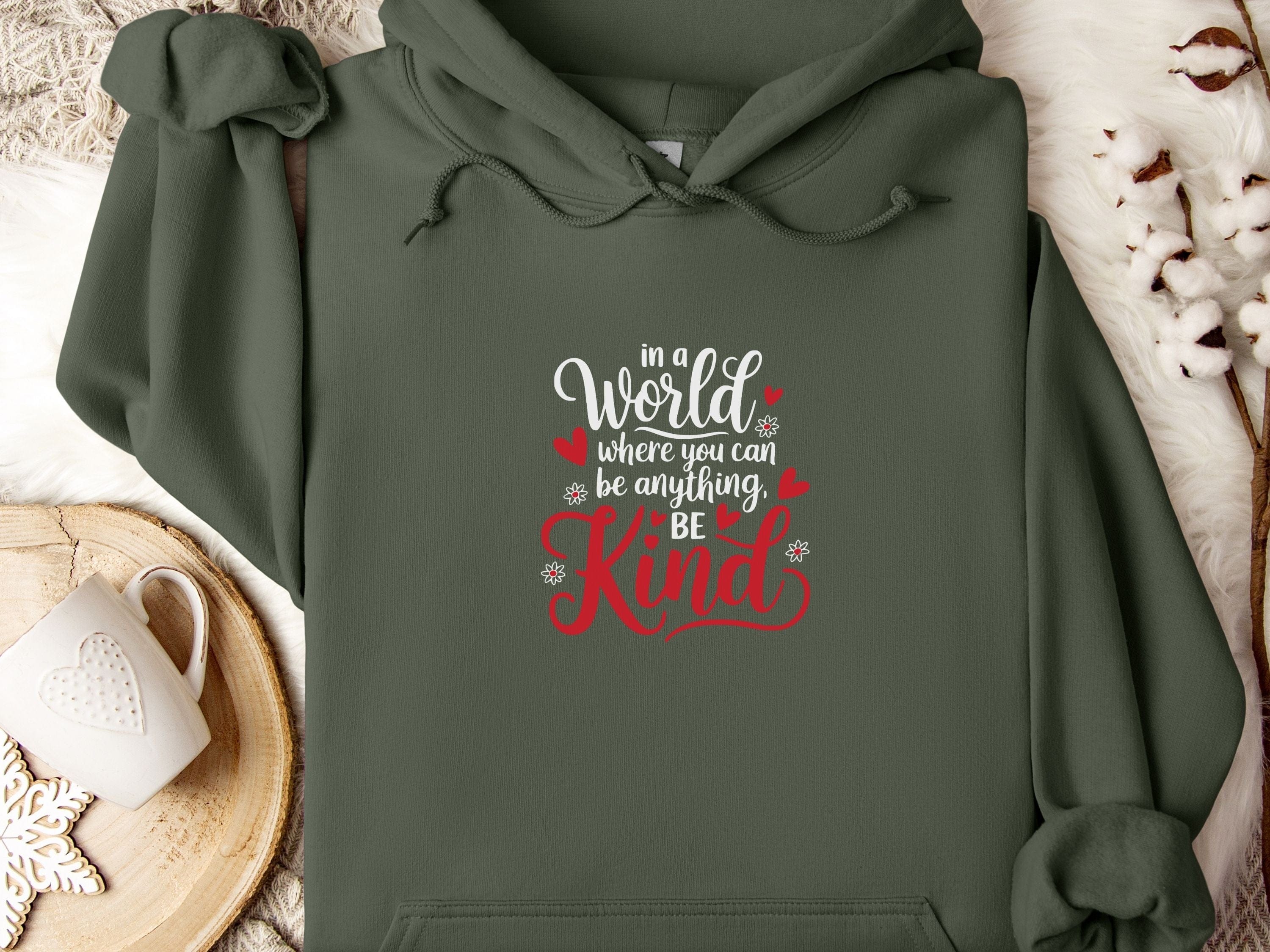 Be Kind Love Hearts Hoodie-Military Green-Neurodiversity, ADHD & Autism Awareness & Acceptance Hoodie by Daily Bloom