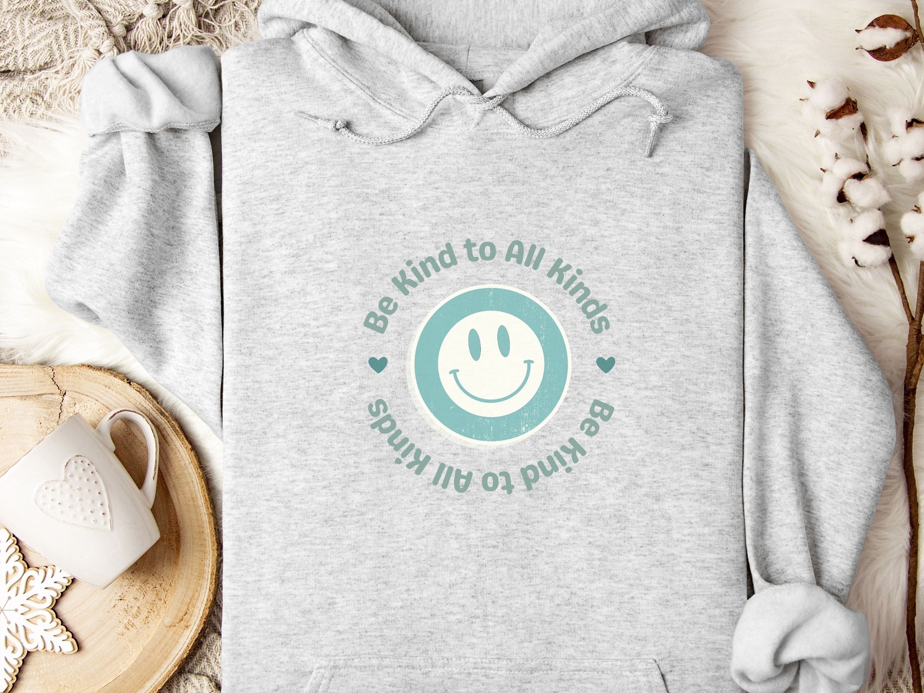 Be Kind to all Kinds Smiley Hoodie-Ash-Neurodiversity, ADHD & Autism Awareness & Acceptance Hoodie by Daily Bloom