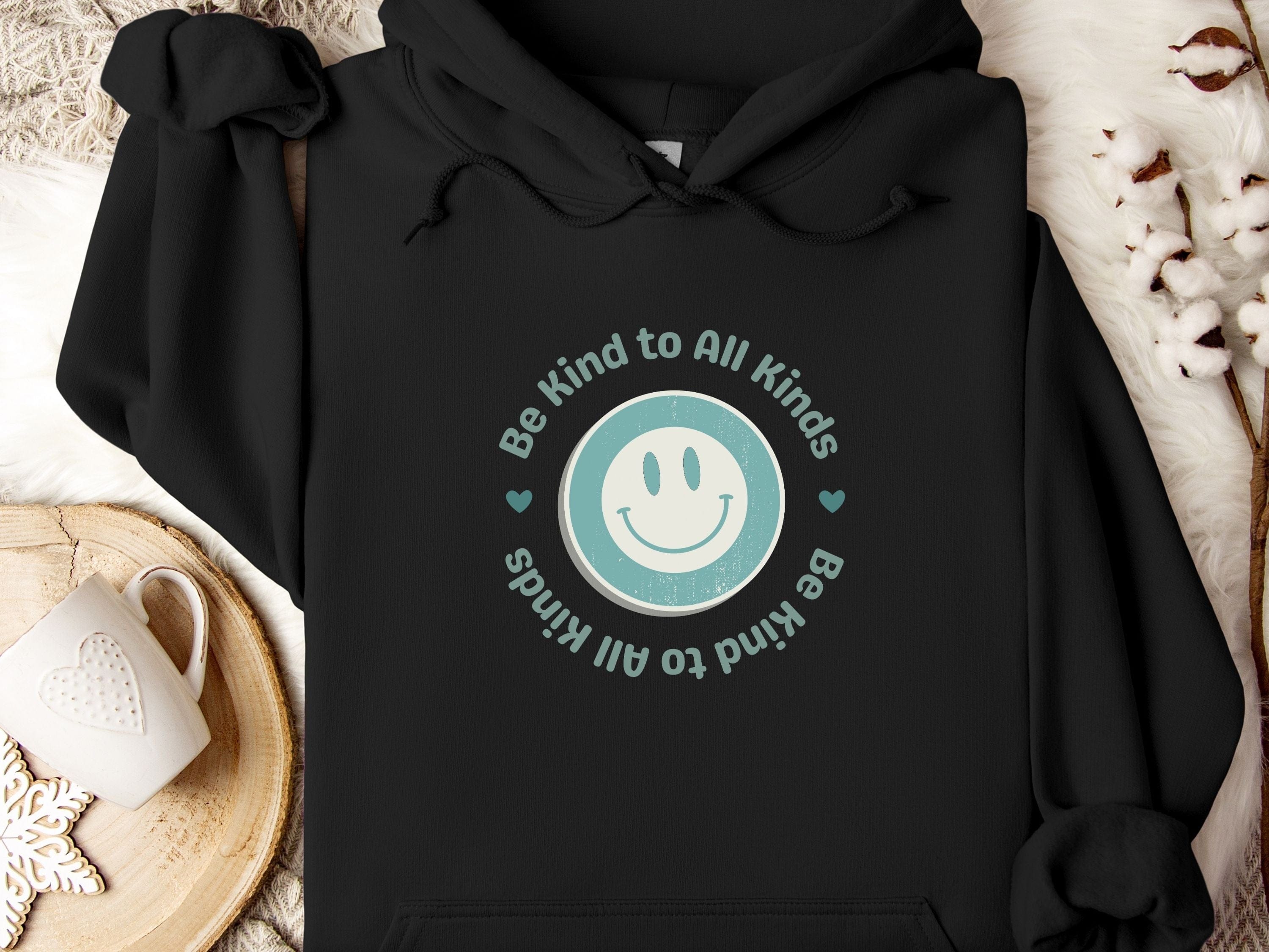 Be Kind to all Kinds Smiley Hoodie-Black-Neurodiversity, ADHD & Autism Awareness & Acceptance Hoodie by Daily Bloom