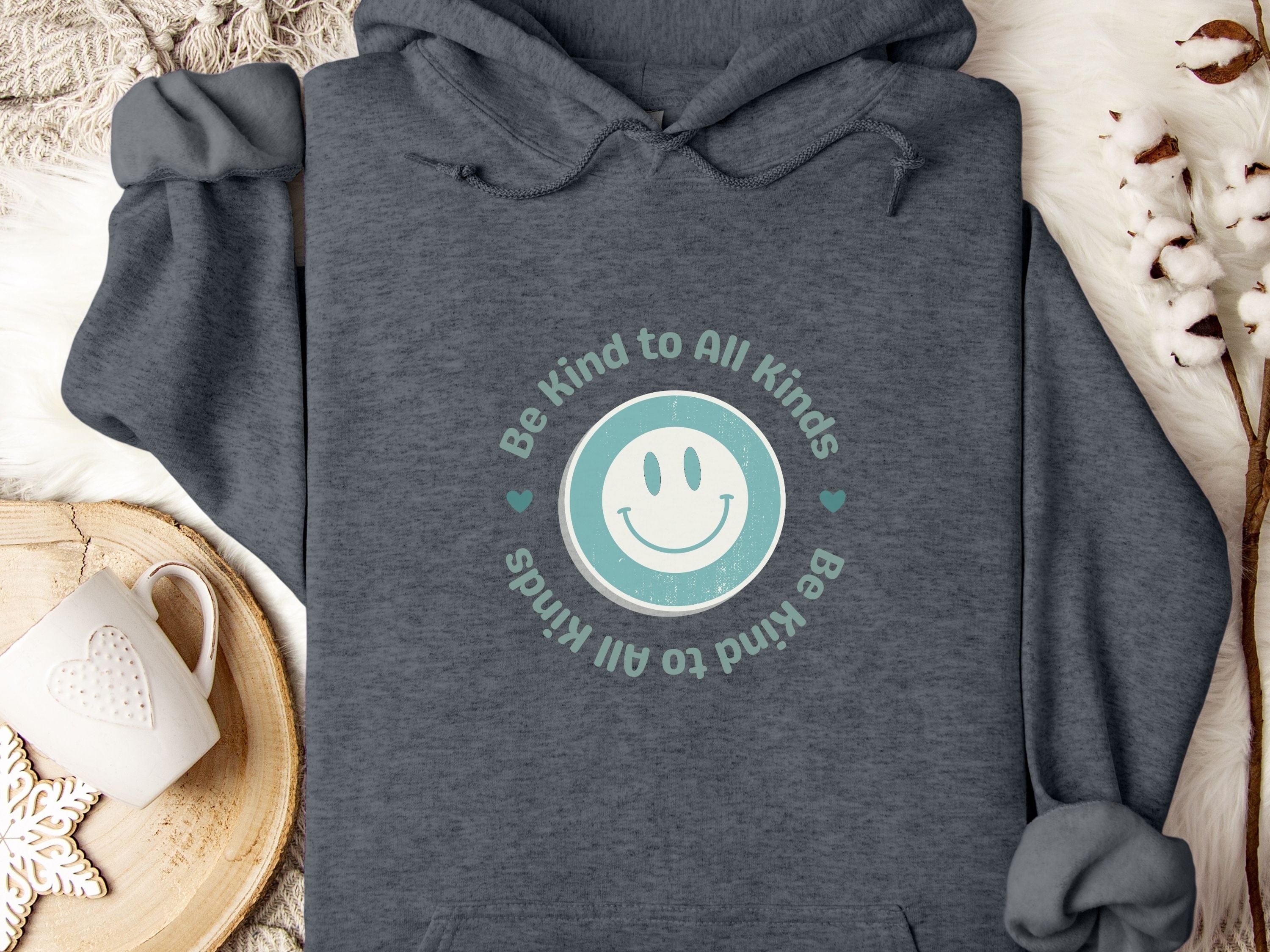 Be Kind to all Kinds Smiley Hoodie-Dark Heather-Neurodiversity, ADHD & Autism Awareness & Acceptance Hoodie by Daily Bloom
