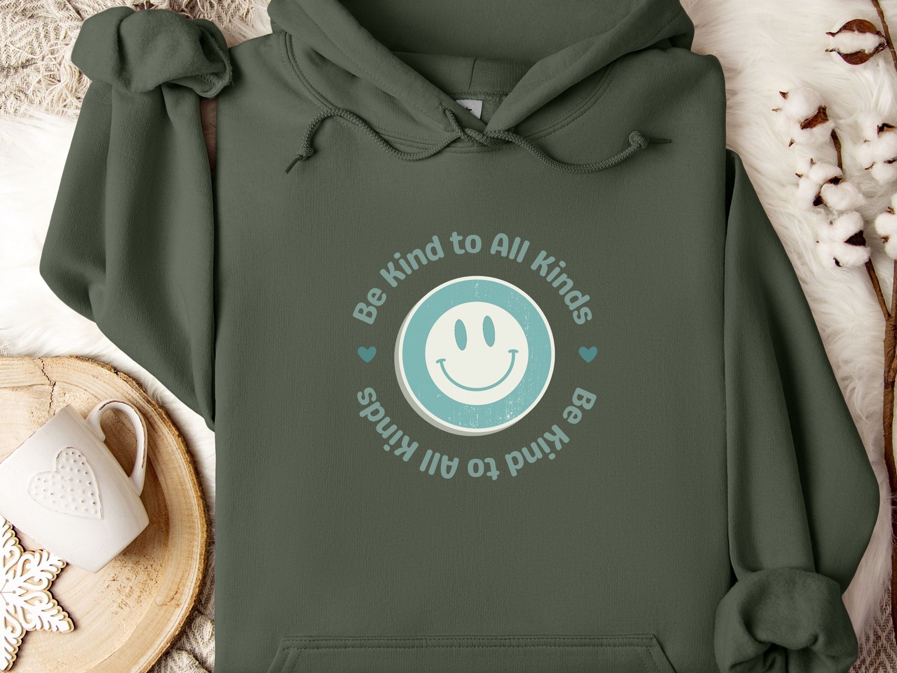 Be Kind to all Kinds Smiley Hoodie-Forest Green-Neurodiversity, ADHD & Autism Awareness & Acceptance Hoodie by Daily Bloom