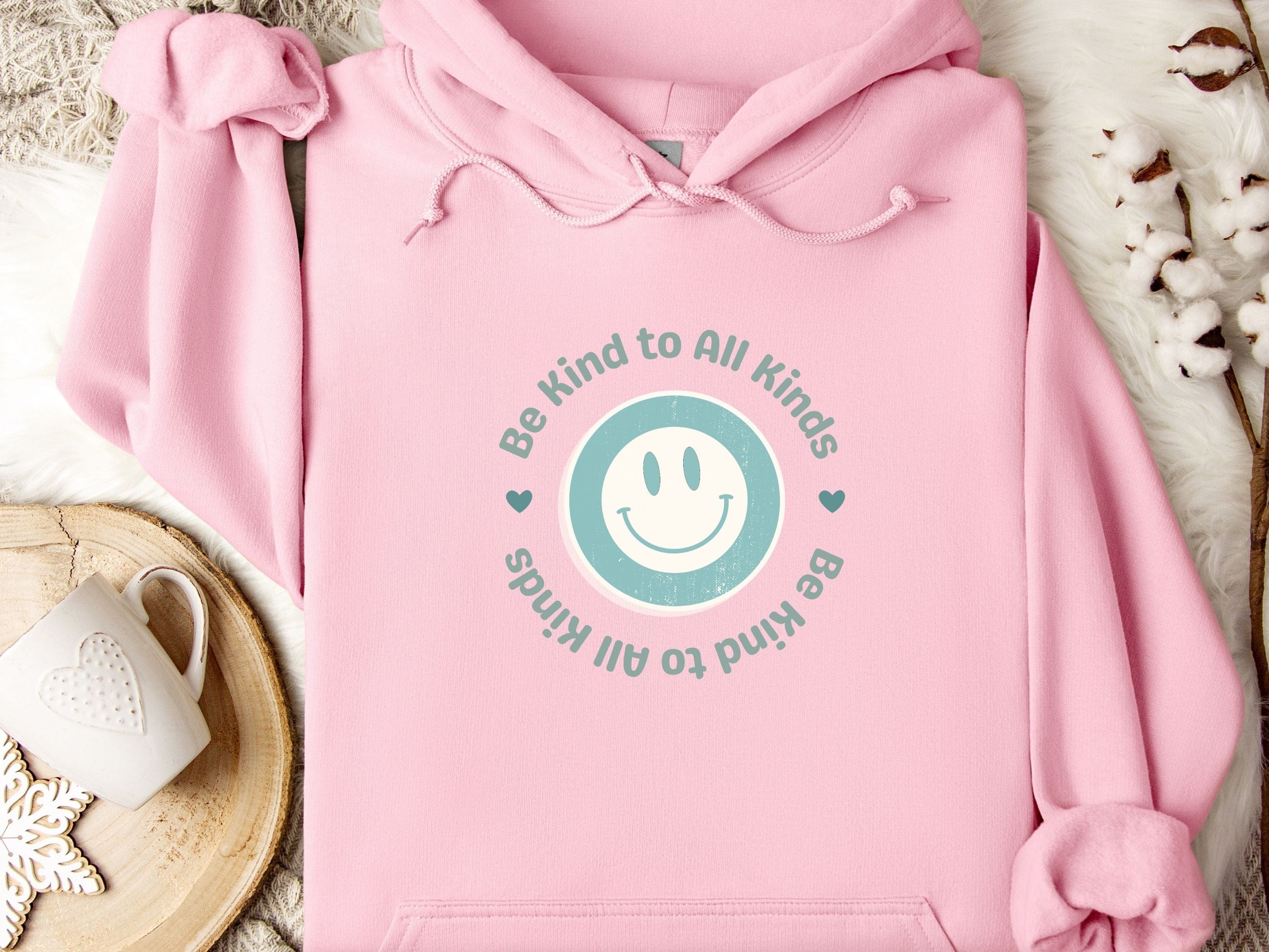 Be Kind to all Kinds Smiley Hoodie-Light Pink-Neurodiversity, ADHD & Autism Awareness & Acceptance Hoodie by Daily Bloom