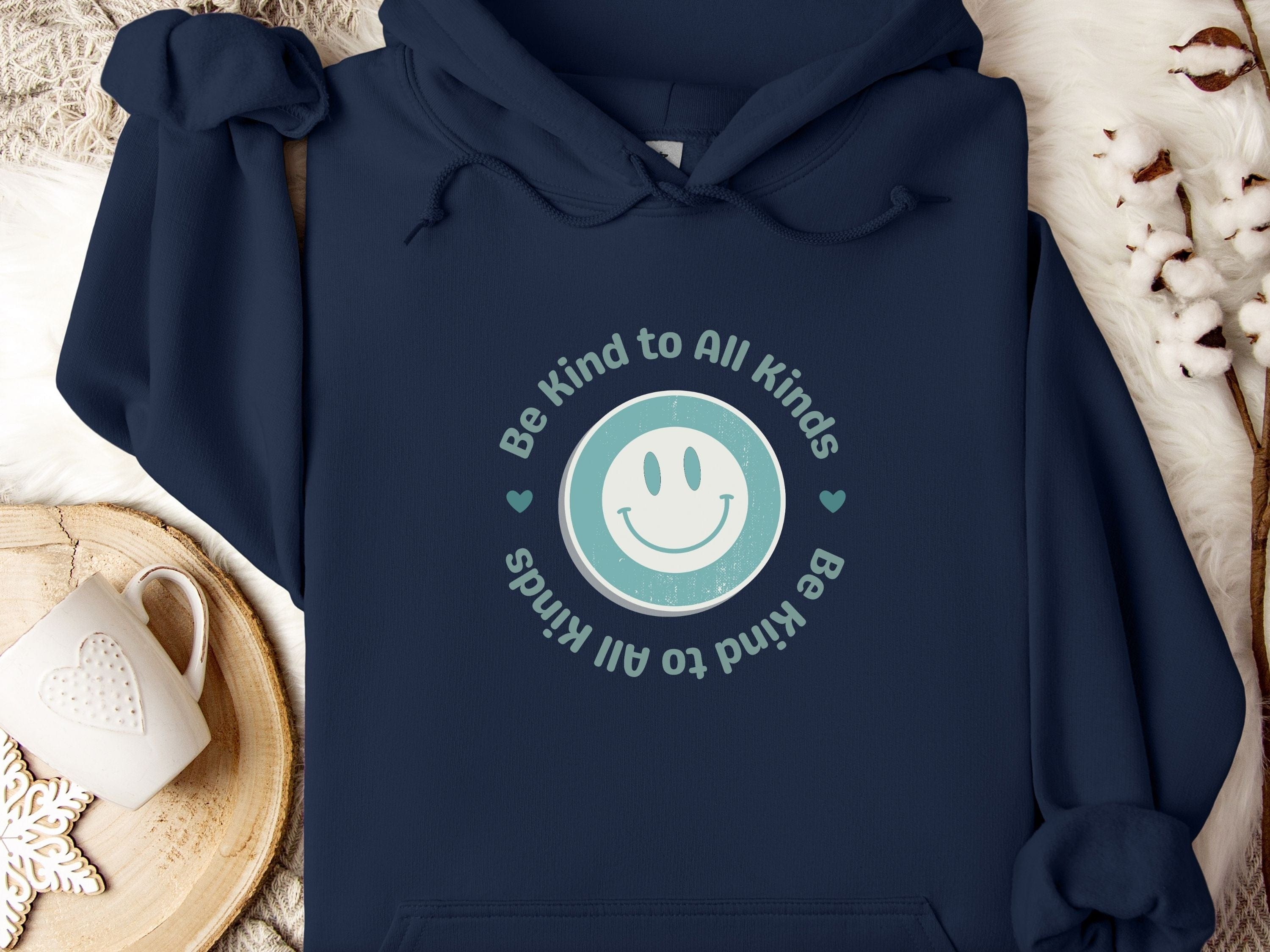 Be Kind to all Kinds Smiley Hoodie-Navy-Neurodiversity, ADHD & Autism Awareness & Acceptance Hoodie by Daily Bloom