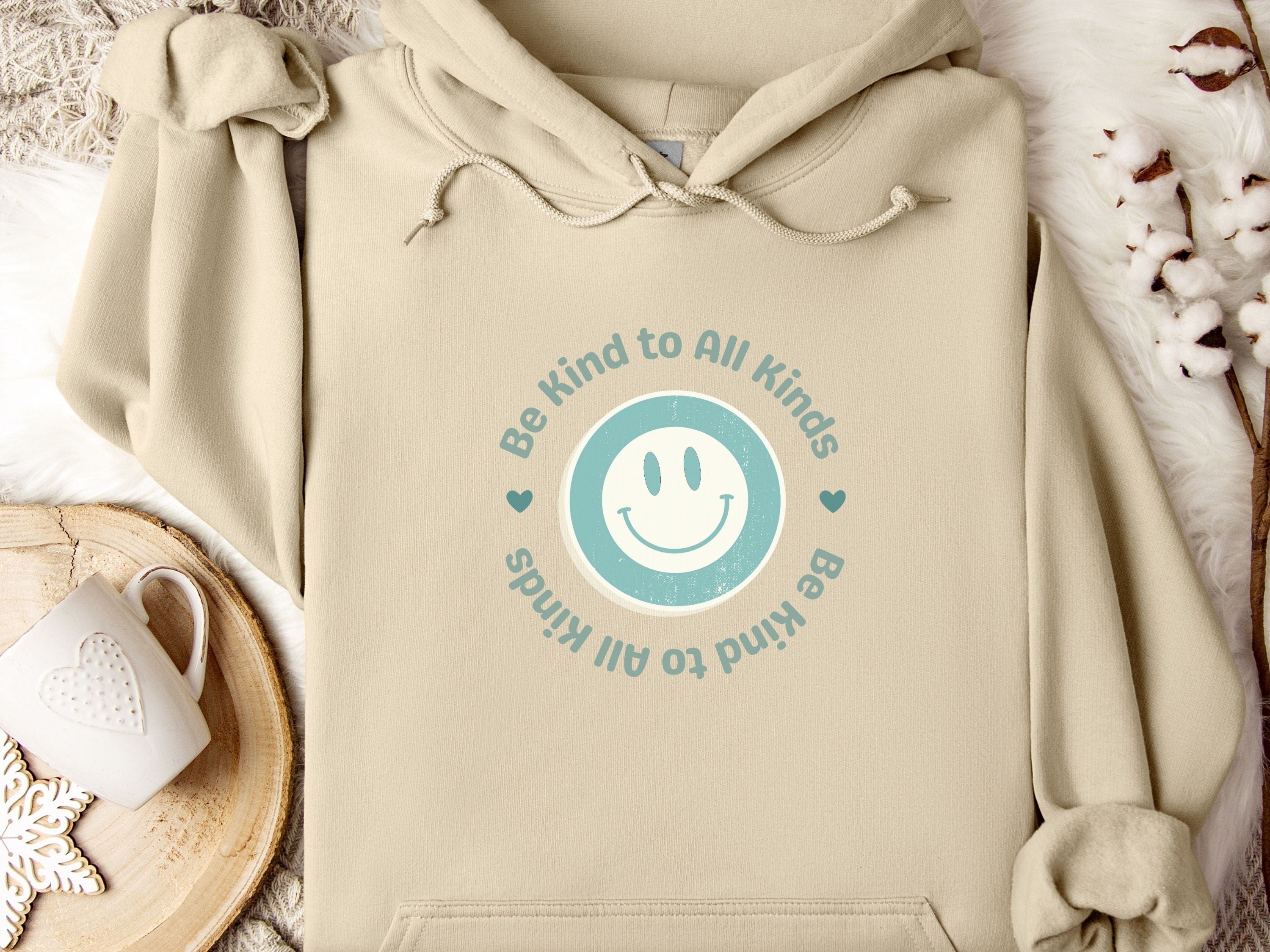 Be Kind to all Kinds Smiley Hoodie-Sand-Neurodiversity, ADHD & Autism Awareness & Acceptance Hoodie by Daily Bloom