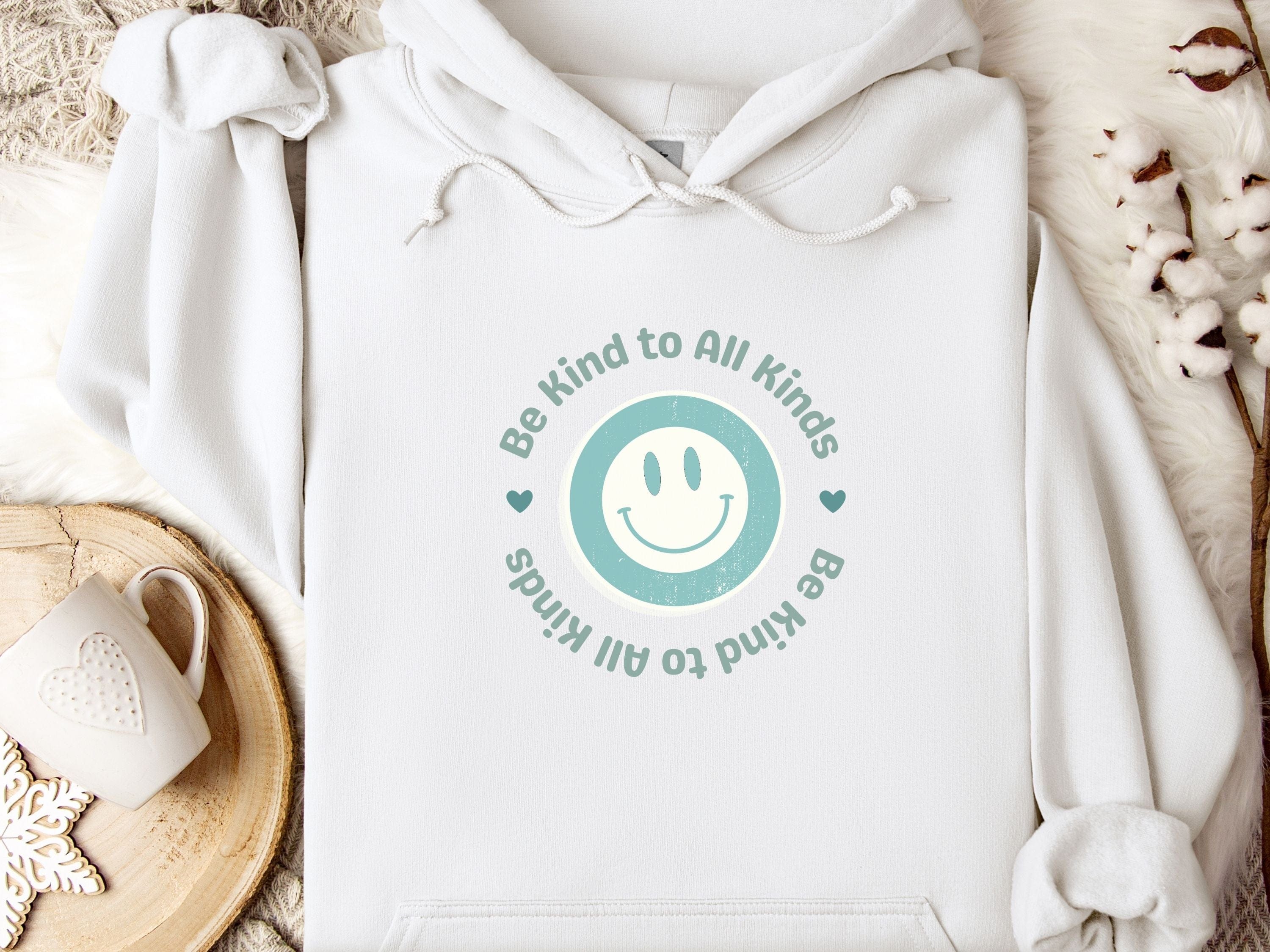 Be Kind to all Kinds Smiley Hoodie-White-Neurodiversity, ADHD & Autism Awareness & Acceptance Hoodie by Daily Bloom