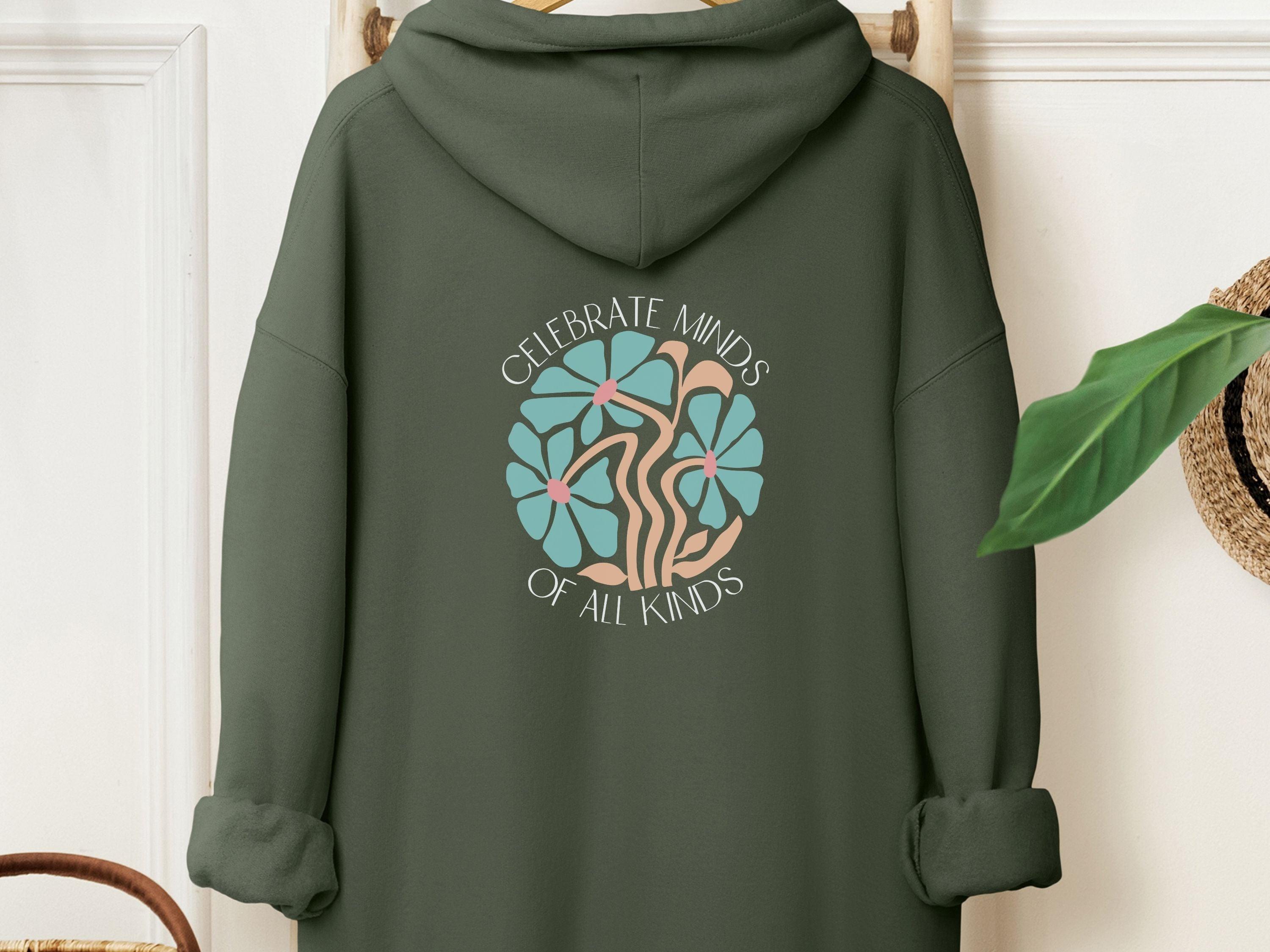 Celebrate Minds of All Kinds Hoodie-Military Green-Neurodiversity, ADHD & Autism Awareness & Acceptance Hoodie by Daily Bloom