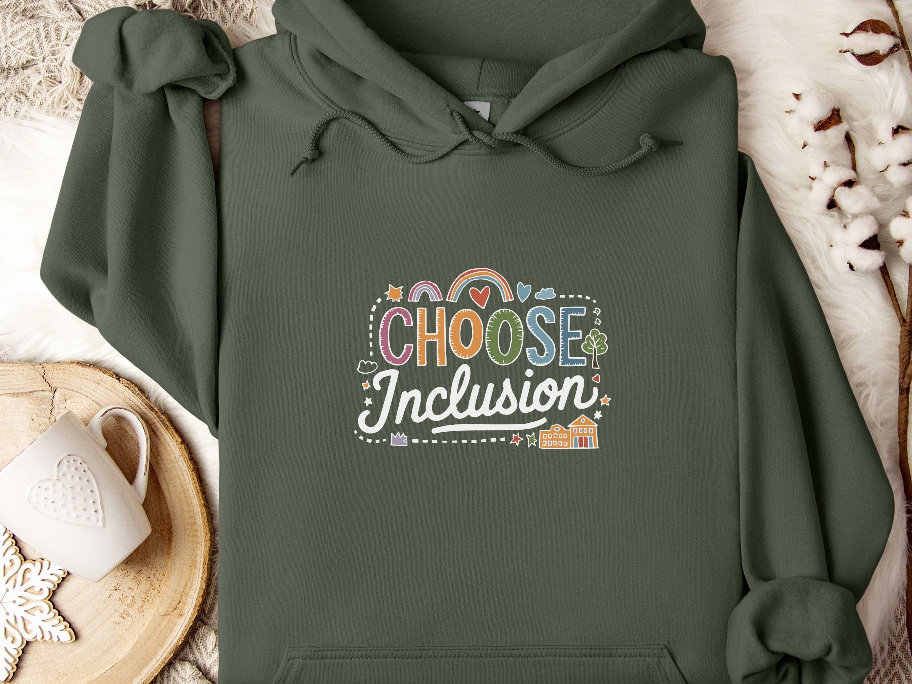 Choose Inclusion Hoodie-Military Green-Neurodiversity, ADHD & Autism Awareness & Acceptance Hoodie by Daily Bloom