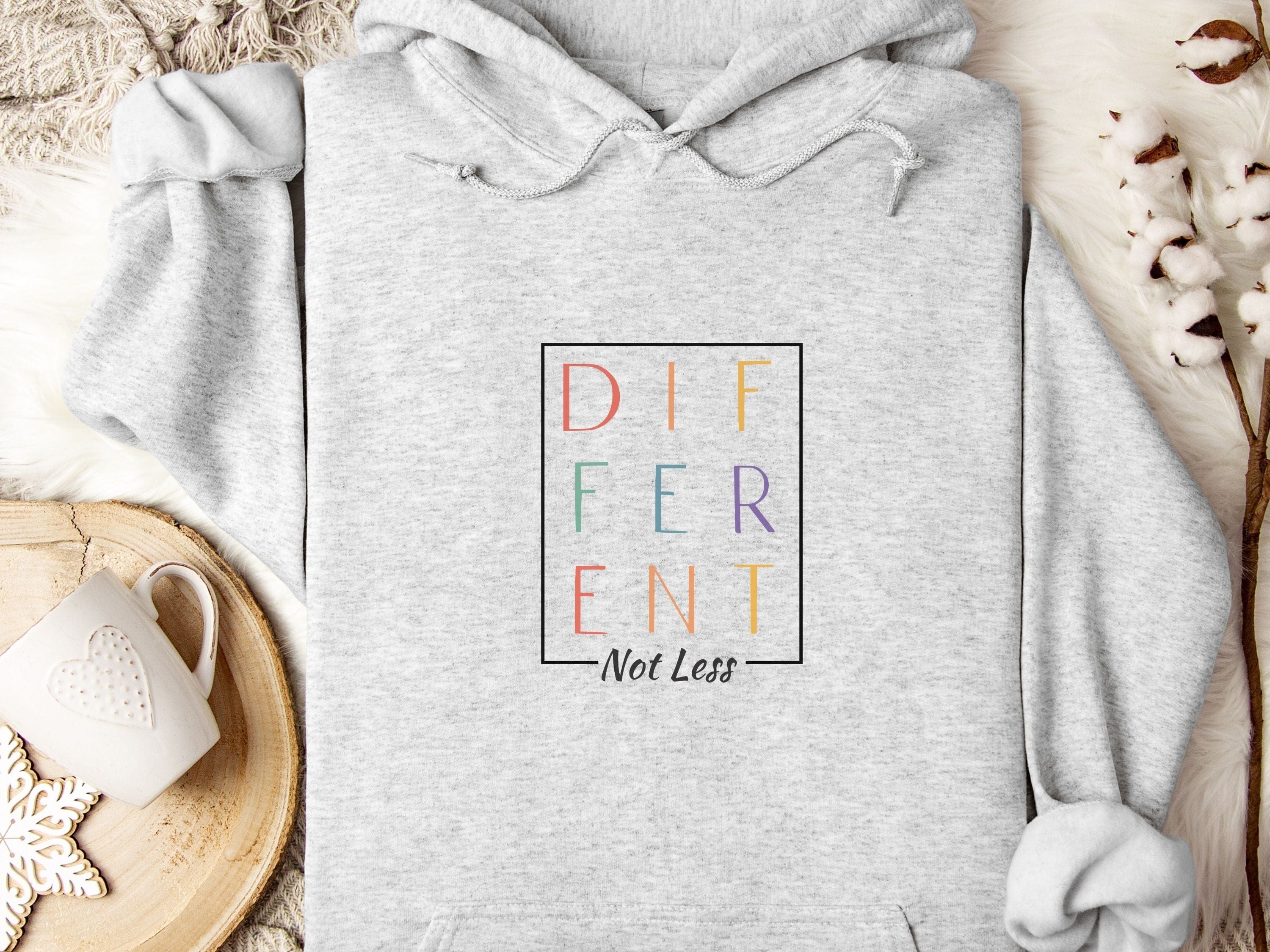 Different Not Less Stacked Letters Hoodie-Ash-Neurodiversity, ADHD & Autism Awareness & Acceptance Hoodie by Daily Bloom
