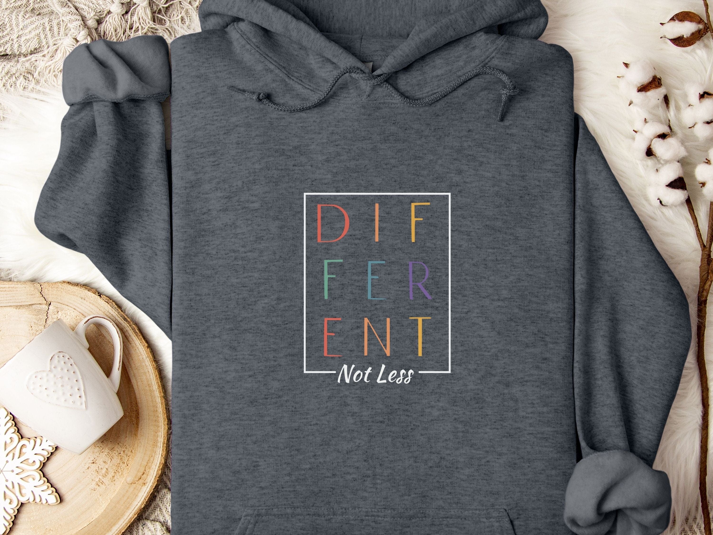 Different Not Less Stacked Letters Hoodie-Dark Heather-Neurodiversity, ADHD & Autism Awareness & Acceptance Hoodie by Daily Bloom