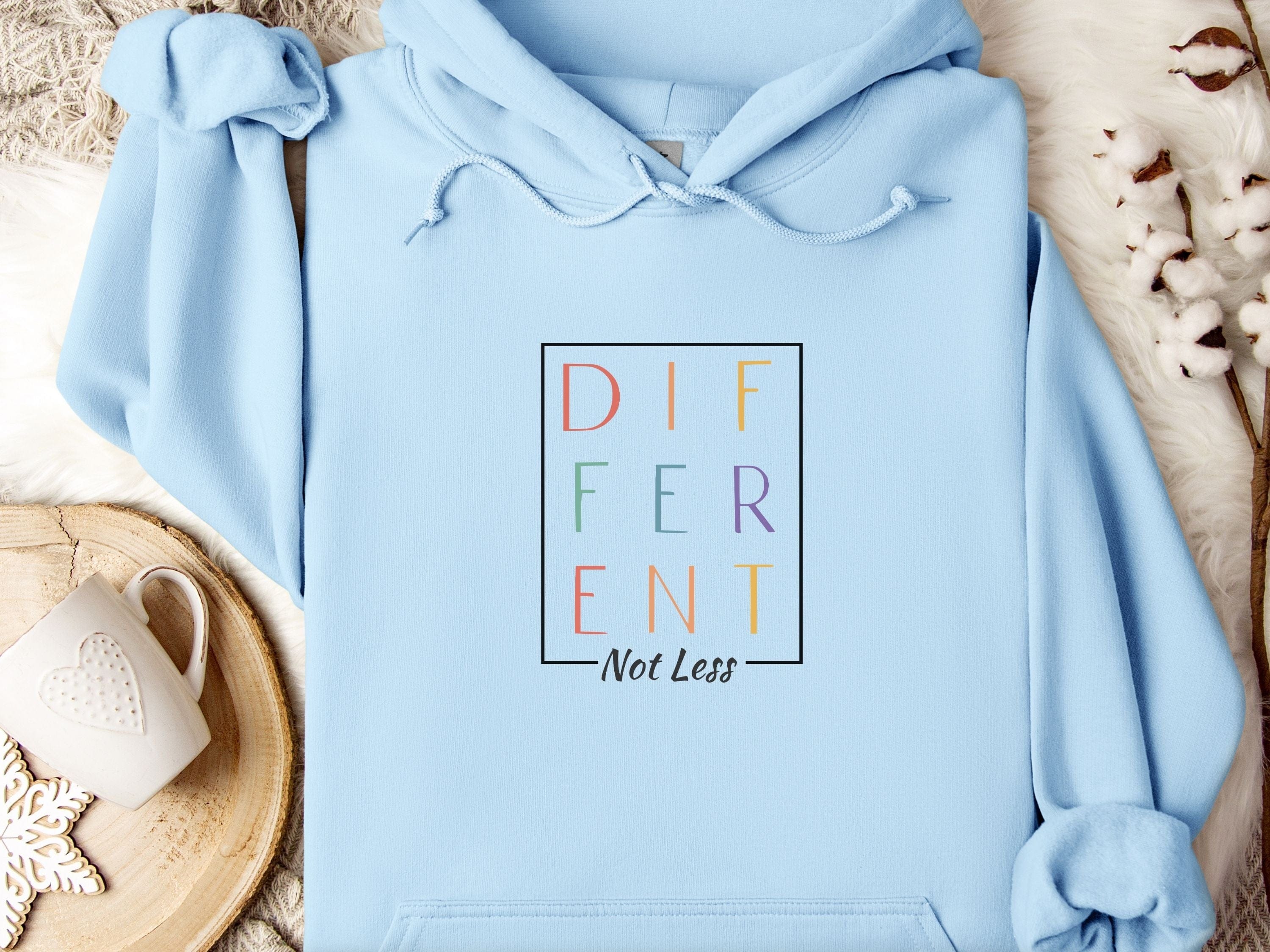 Different Not Less Stacked Letters Hoodie-Light Blue-Neurodiversity, ADHD & Autism Awareness & Acceptance Hoodie by Daily Bloom