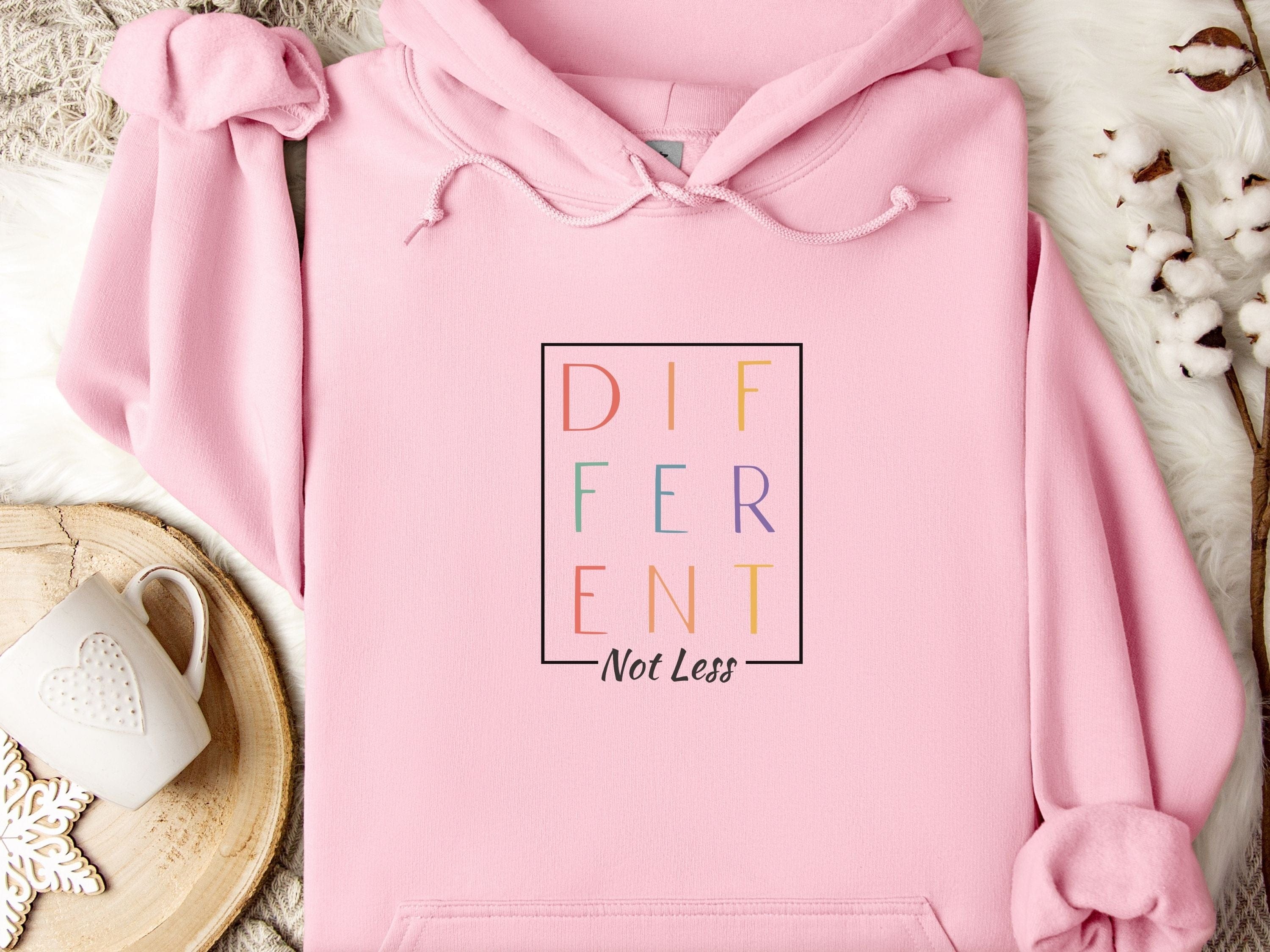 Different Not Less Stacked Letters Hoodie-Light Pink-Neurodiversity, ADHD & Autism Awareness & Acceptance Hoodie by Daily Bloom