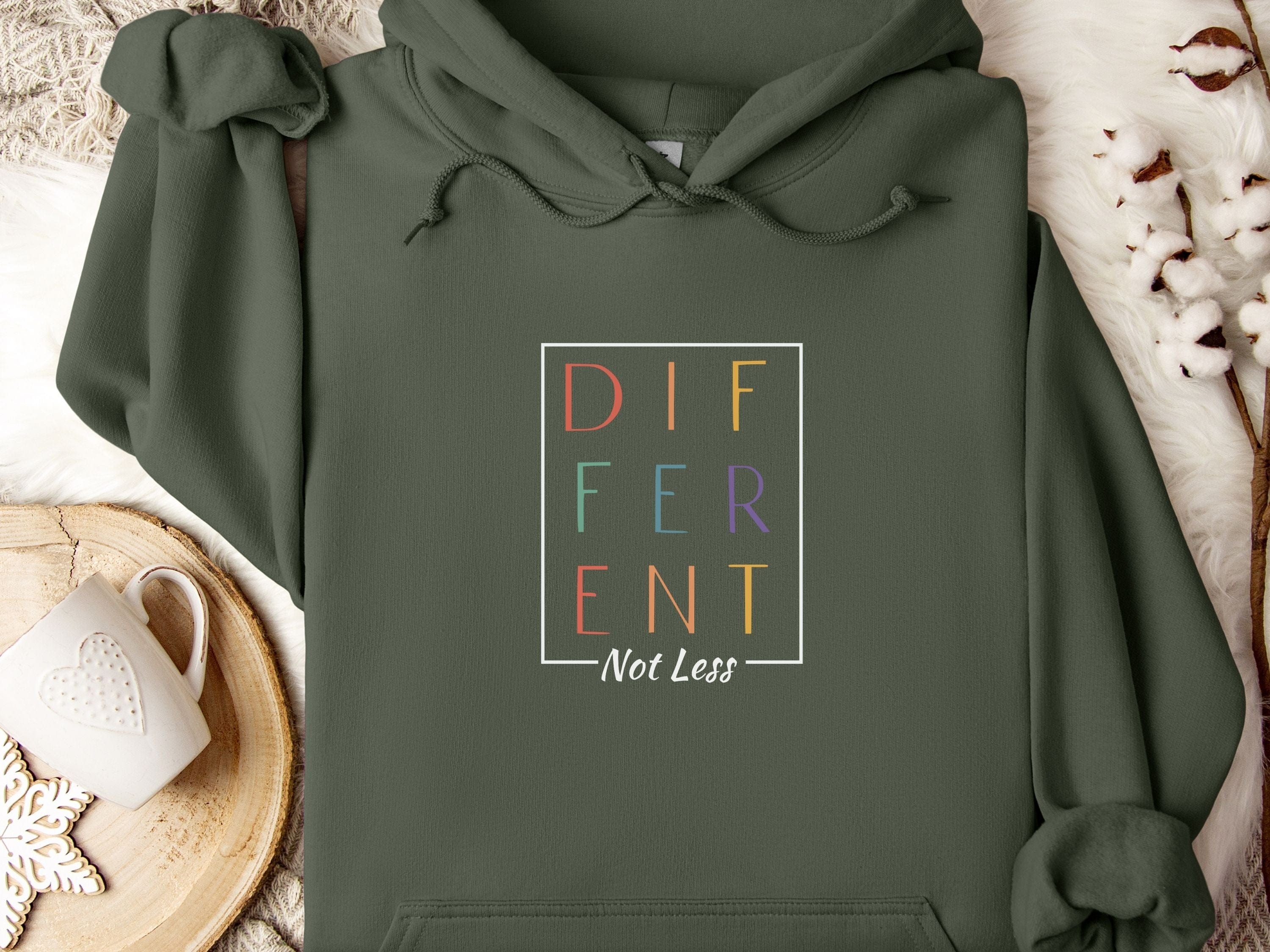 Different Not Less Stacked Letters Hoodie-Military Green-Neurodiversity, ADHD & Autism Awareness & Acceptance Hoodie by Daily Bloom