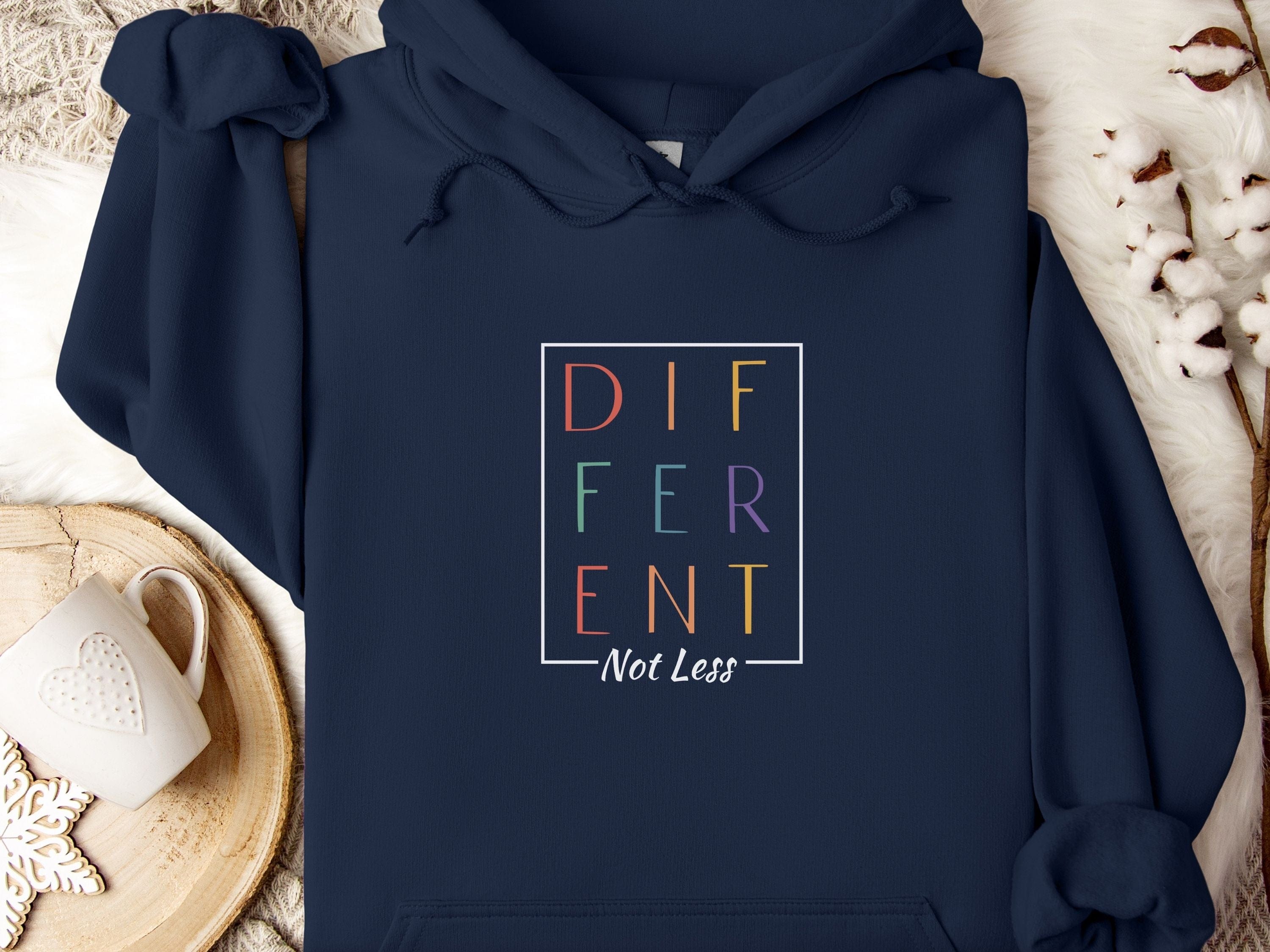 Different Not Less Stacked Letters Hoodie-Navy-Neurodiversity, ADHD & Autism Awareness & Acceptance Hoodie by Daily Bloom