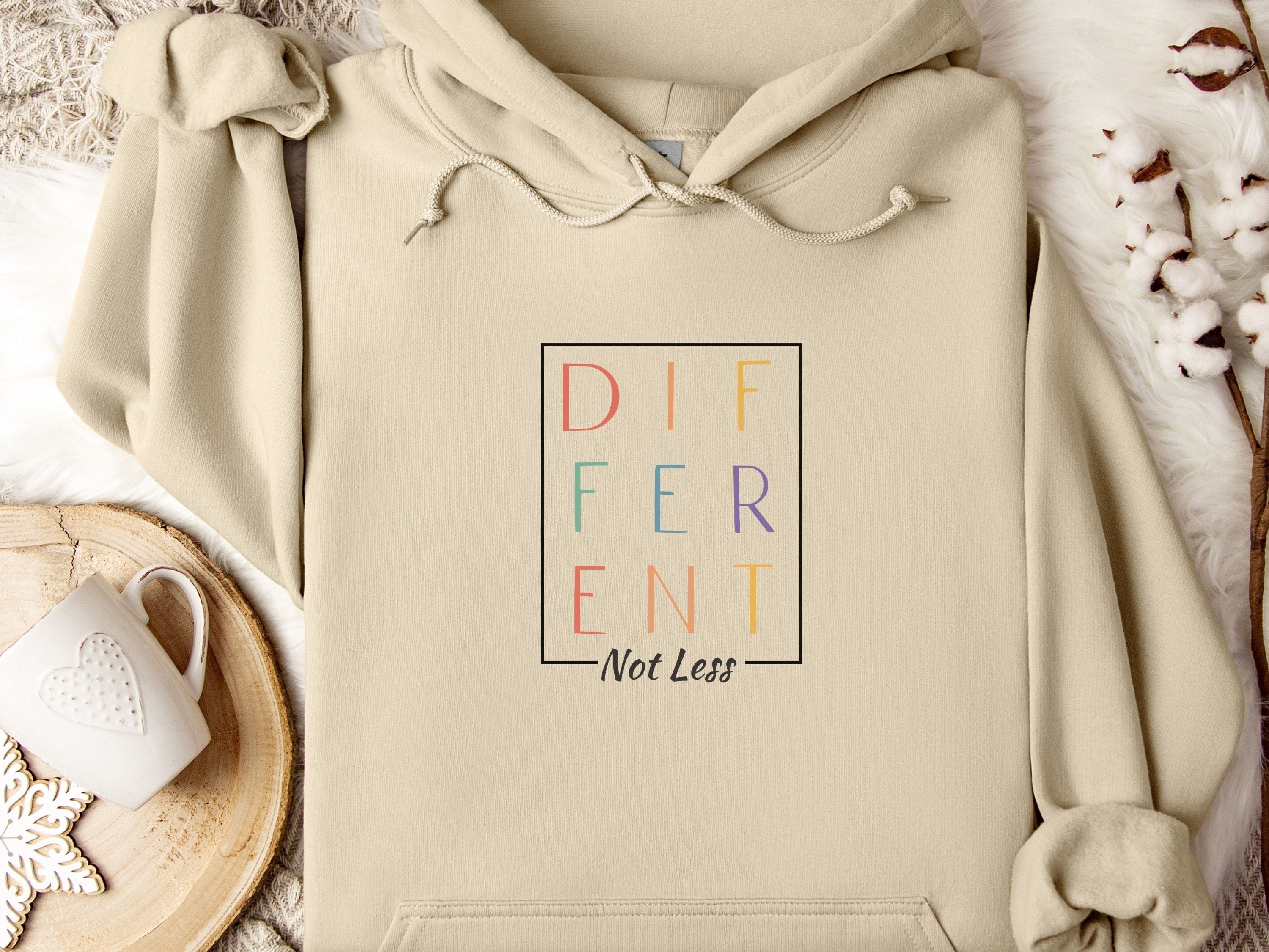 Different Not Less Stacked Letters Hoodie-Sand-Neurodiversity, ADHD & Autism Awareness & Acceptance Hoodie by Daily Bloom