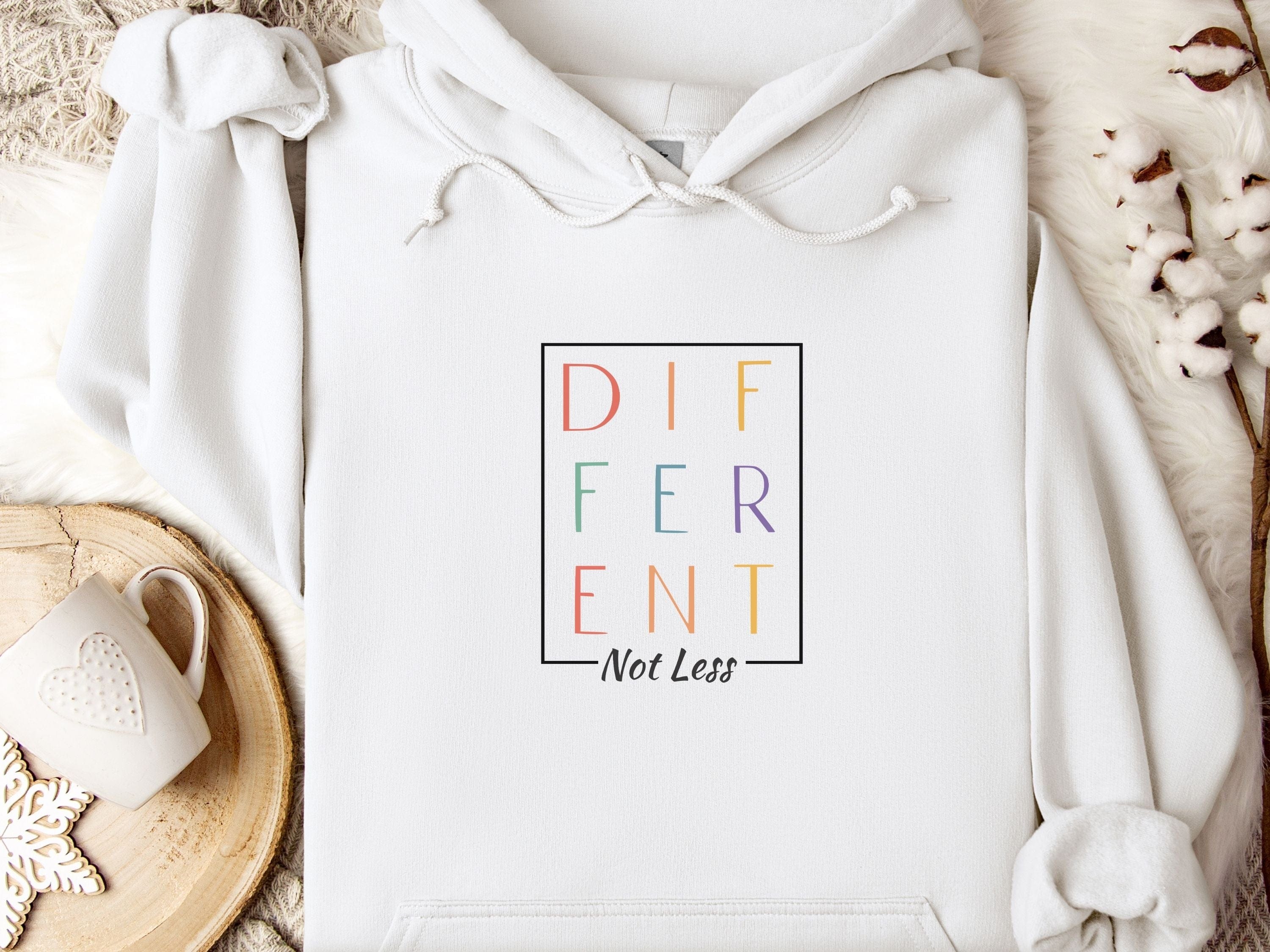 Different Not Less Stacked Letters Hoodie-White-Neurodiversity, ADHD & Autism Awareness & Acceptance Hoodie by Daily Bloom