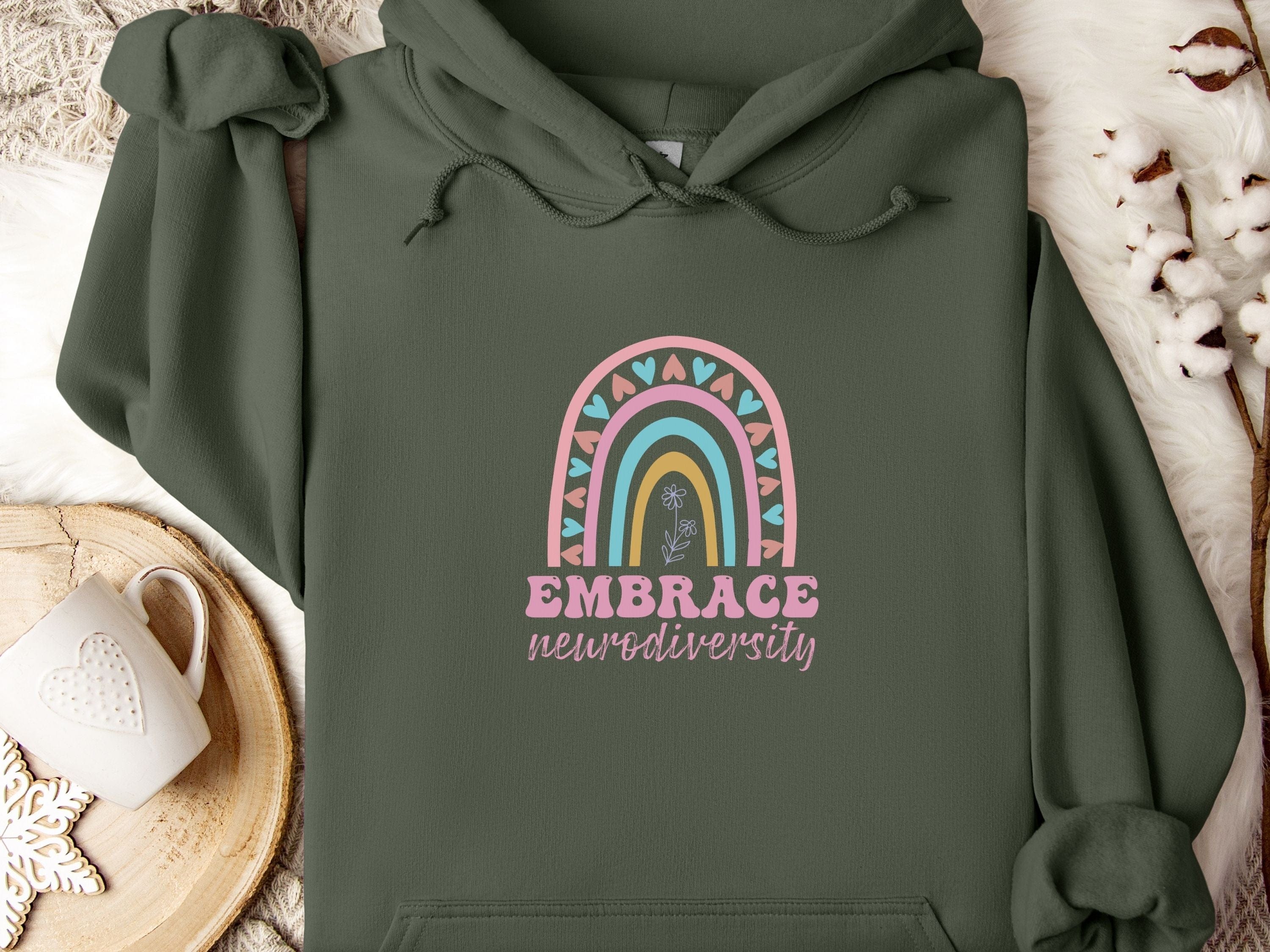 Embrace Neurodiversity Hoodie-Military Green-Neurodiversity, ADHD & Autism Awareness & Acceptance Hoodie by Daily Bloom