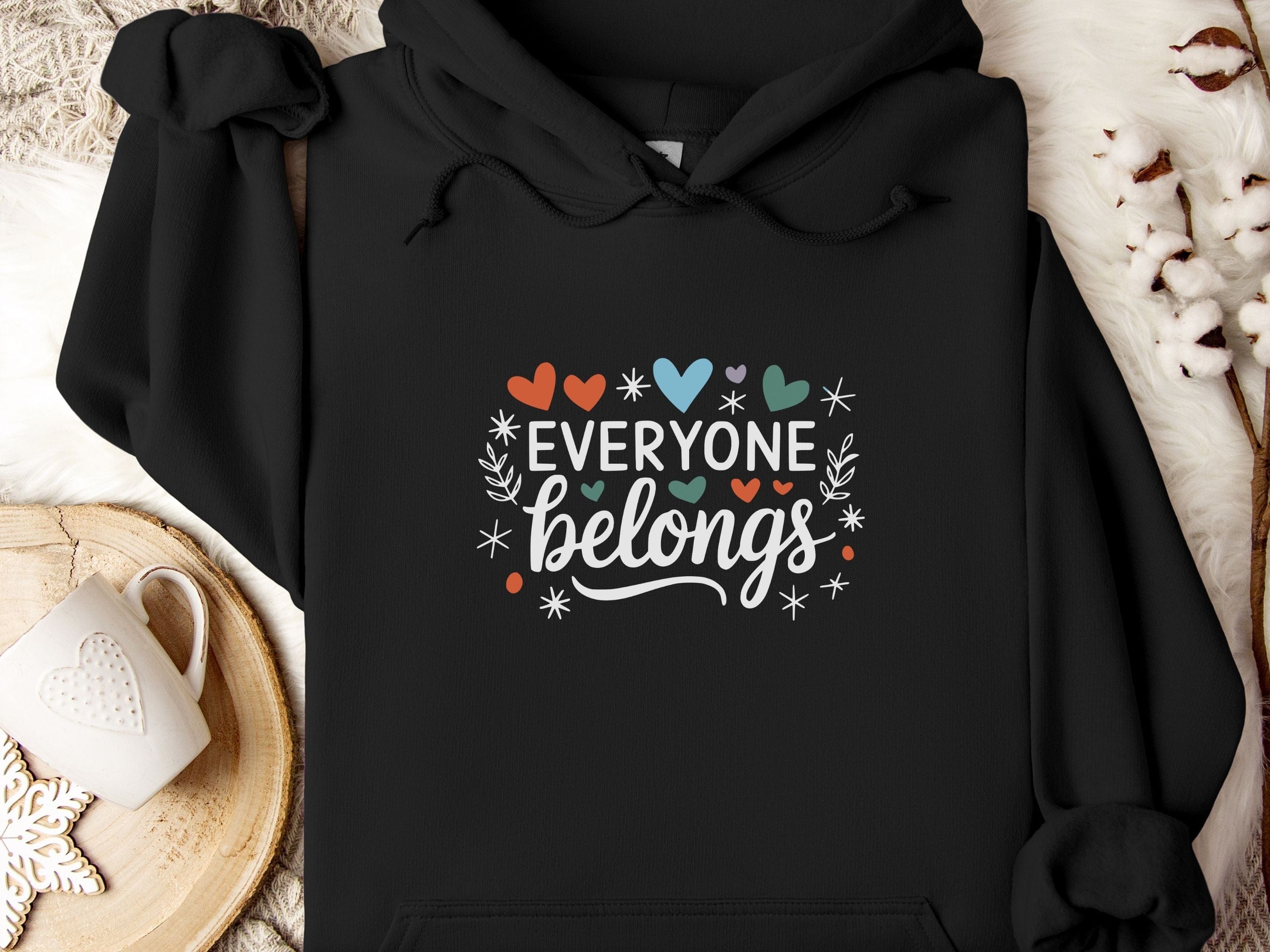 Everyone Belongs Love Hearts Hoodie-Black-Neurodiversity, ADHD & Autism Awareness & Acceptance Hoodie by Daily Bloom