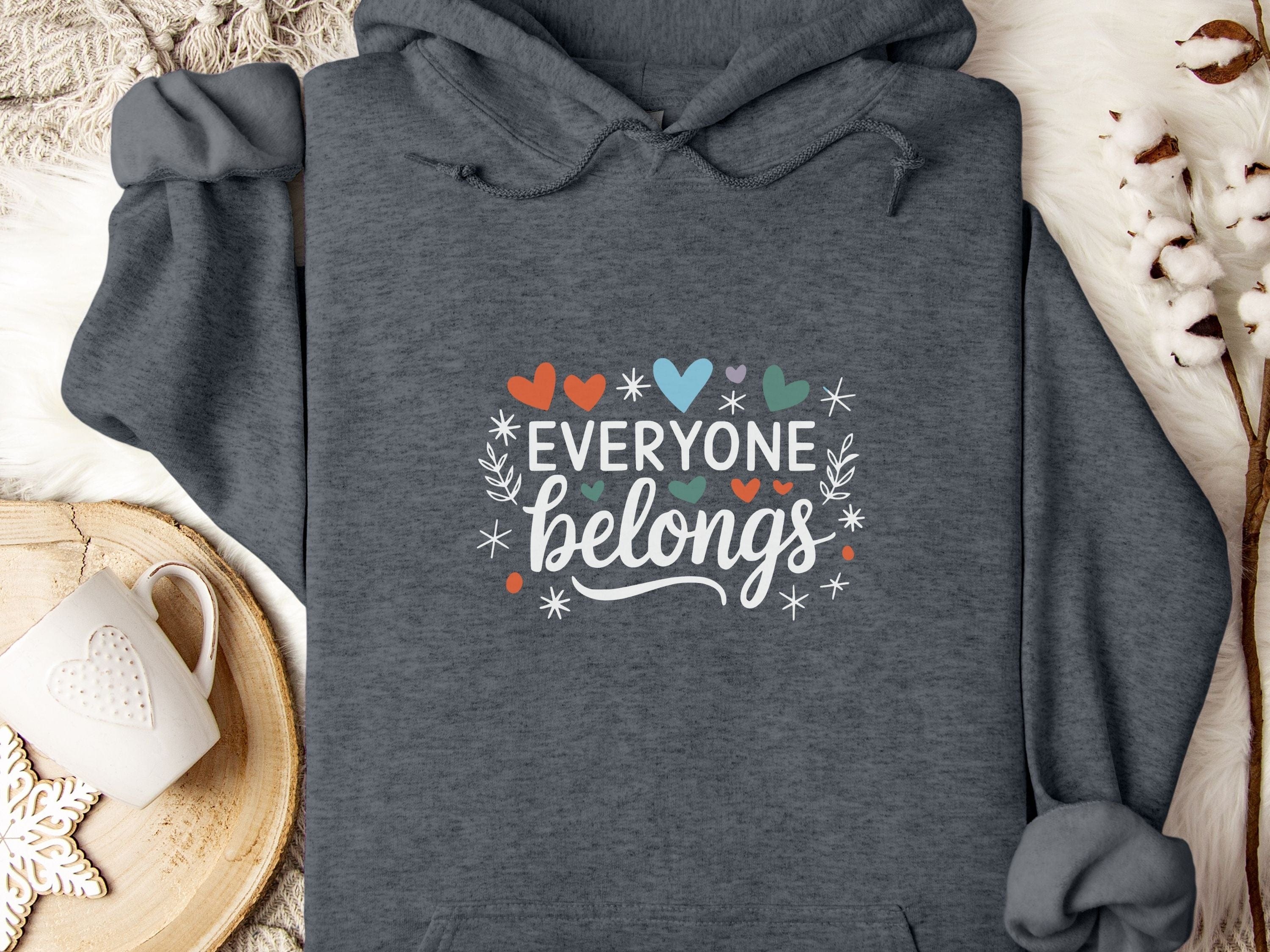 Everyone Belongs Love Hearts Hoodie-Dark Heather-Neurodiversity, ADHD & Autism Awareness & Acceptance Hoodie by Daily Bloom