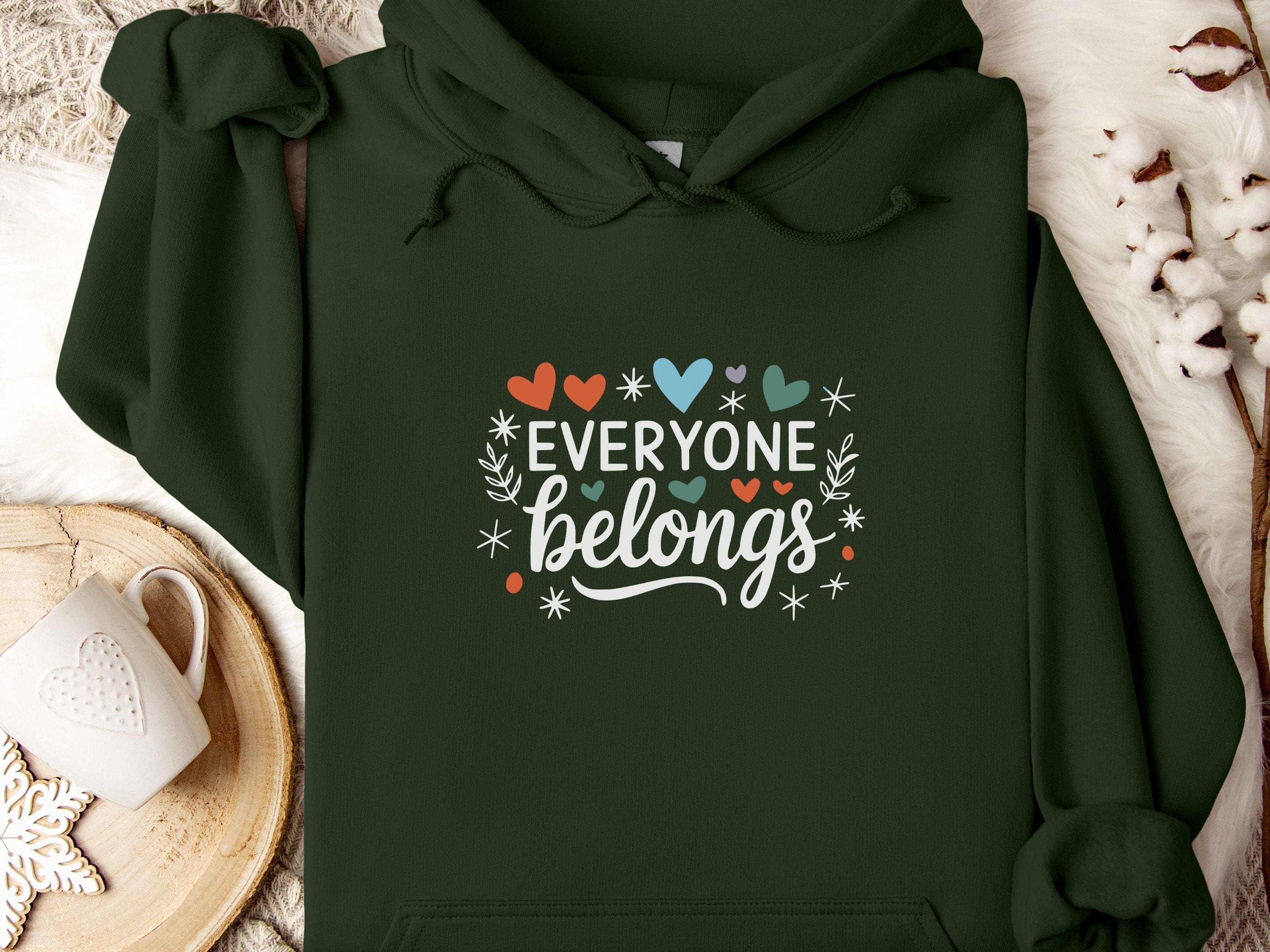 Everyone Belongs Love Hearts Hoodie-Forest Green-Neurodiversity, ADHD & Autism Awareness & Acceptance Hoodie by Daily Bloom