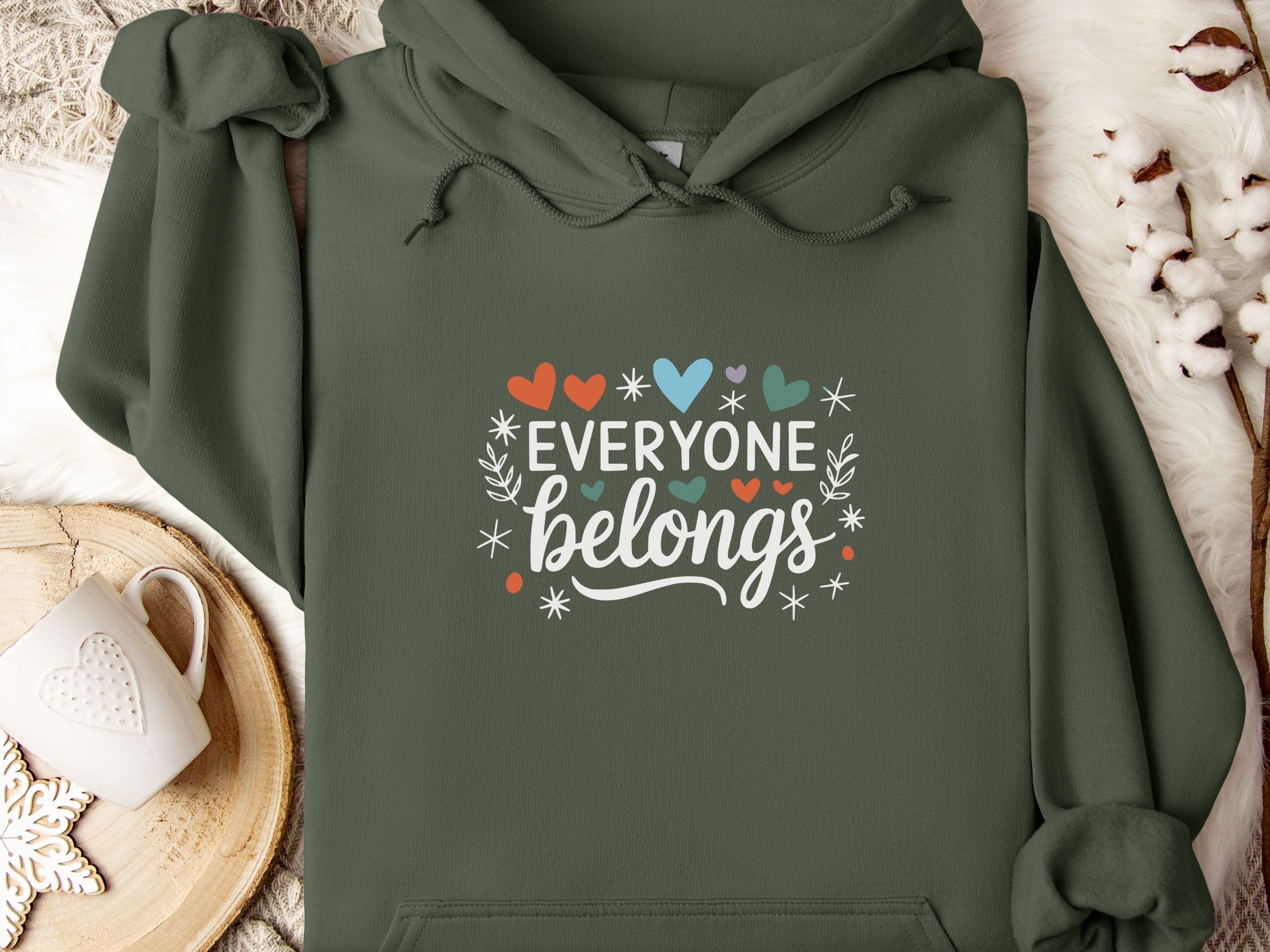 Everyone Belongs Love Hearts Hoodie-Military Green-Neurodiversity, ADHD & Autism Awareness & Acceptance Hoodie by Daily Bloom