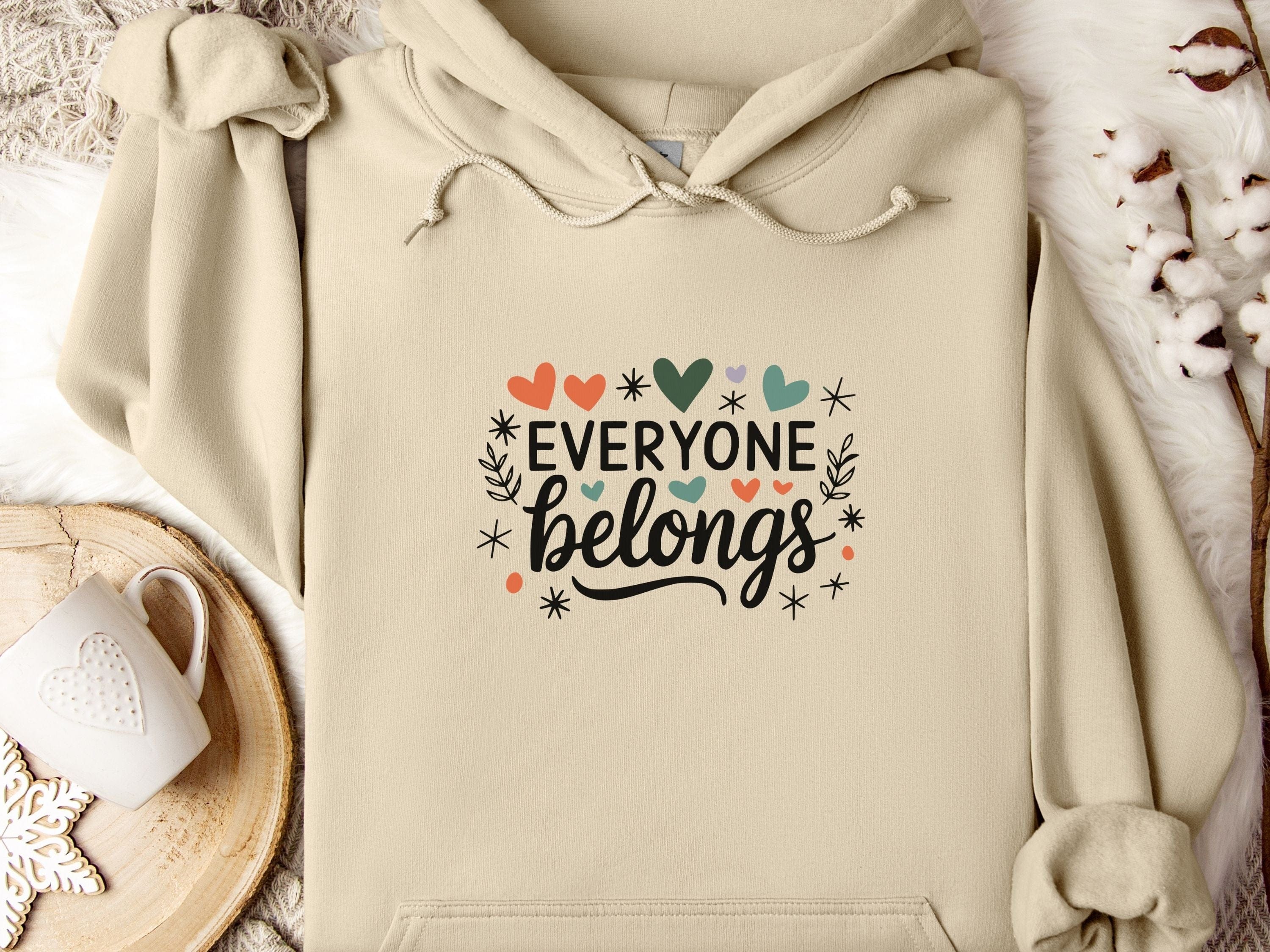 Everyone Belongs Love Hearts Hoodie-Sand-Neurodiversity, ADHD & Autism Awareness & Acceptance Hoodie by Daily Bloom