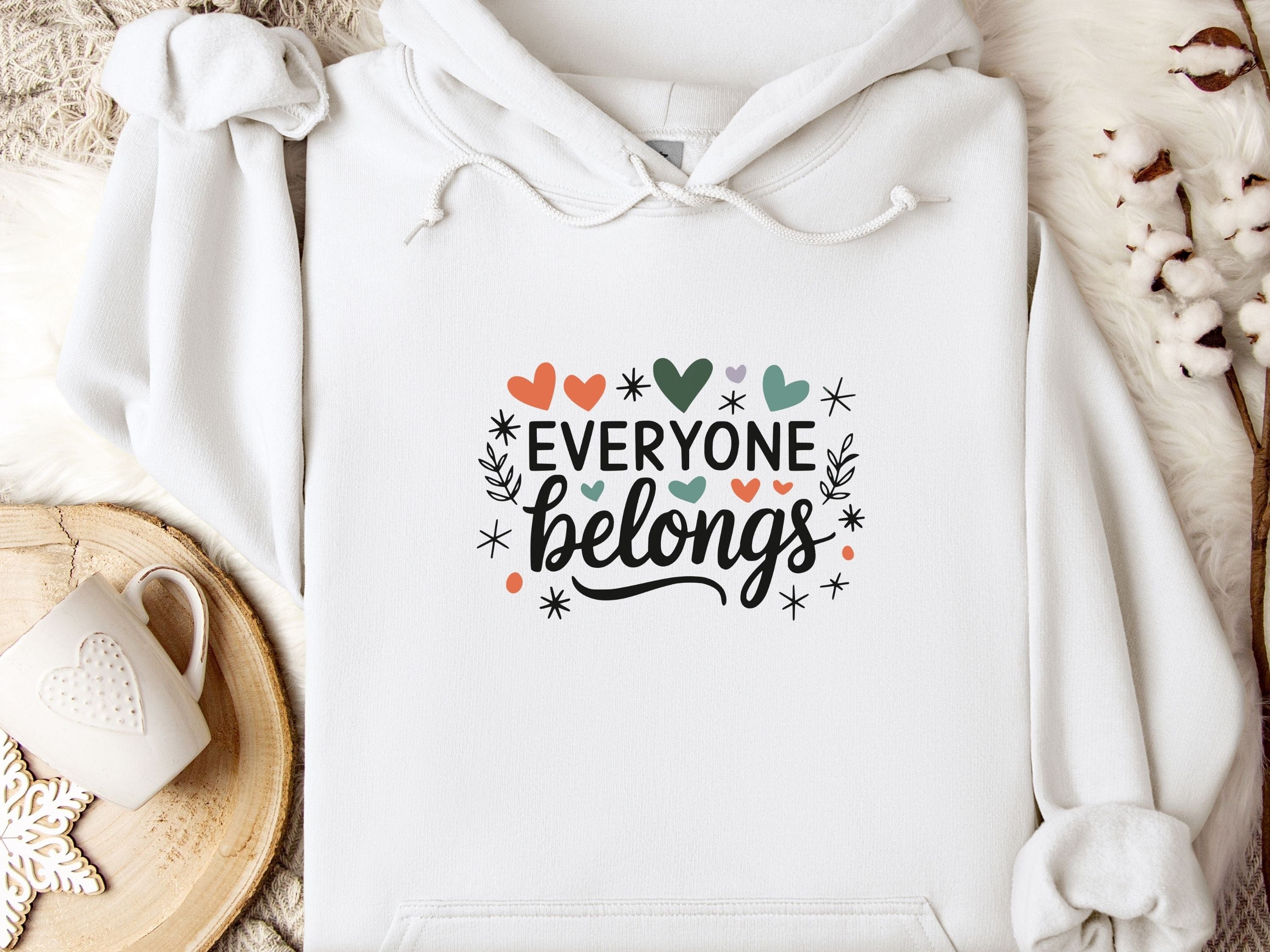 Everyone Belongs Love Hearts Hoodie-White-Neurodiversity, ADHD & Autism Awareness & Acceptance Hoodie by Daily Bloom