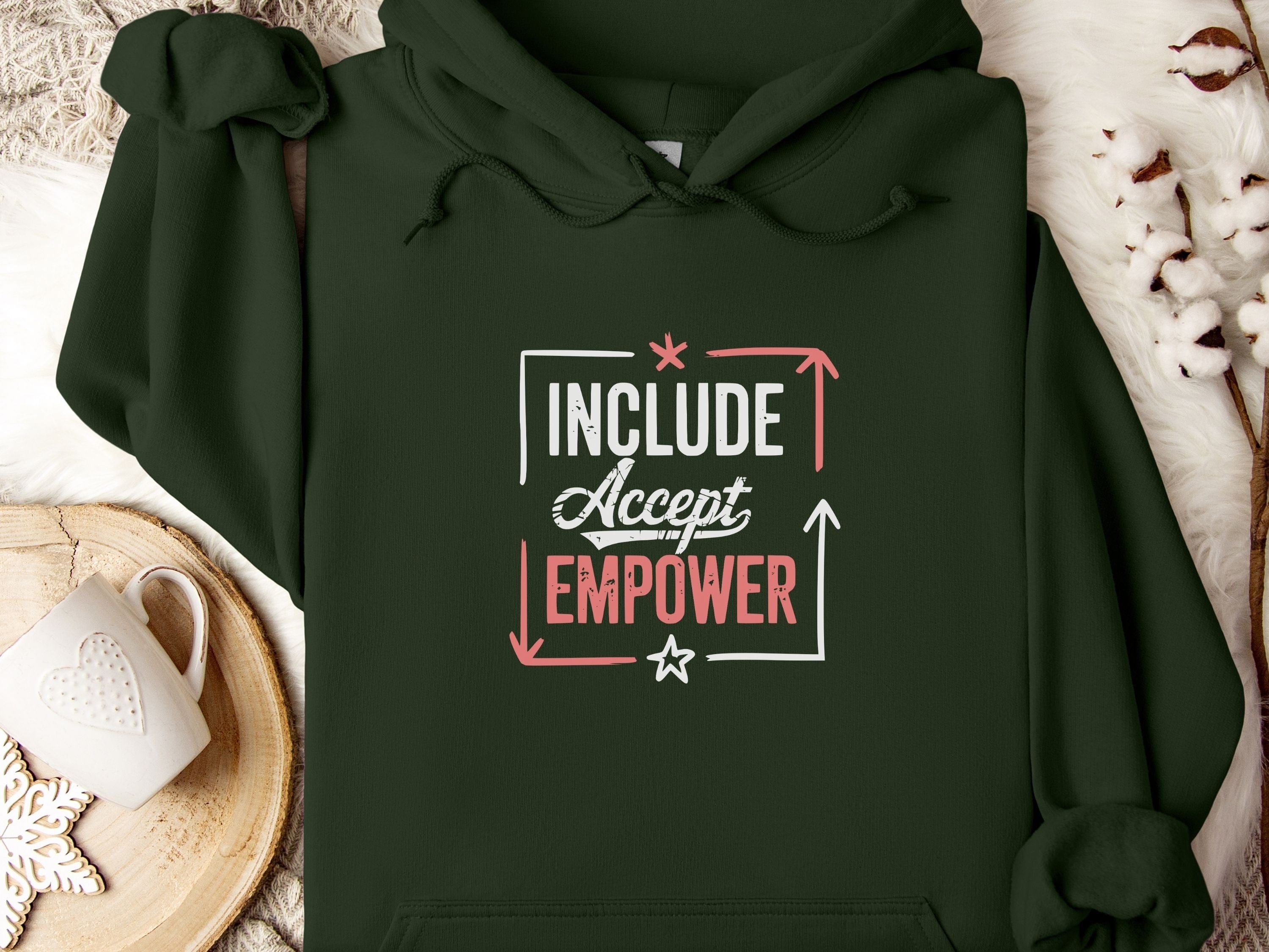 Include Accept Empower Hoodie-Forest Green-Neurodiversity, ADHD & Autism Awareness & Acceptance Hoodie by Daily Bloom