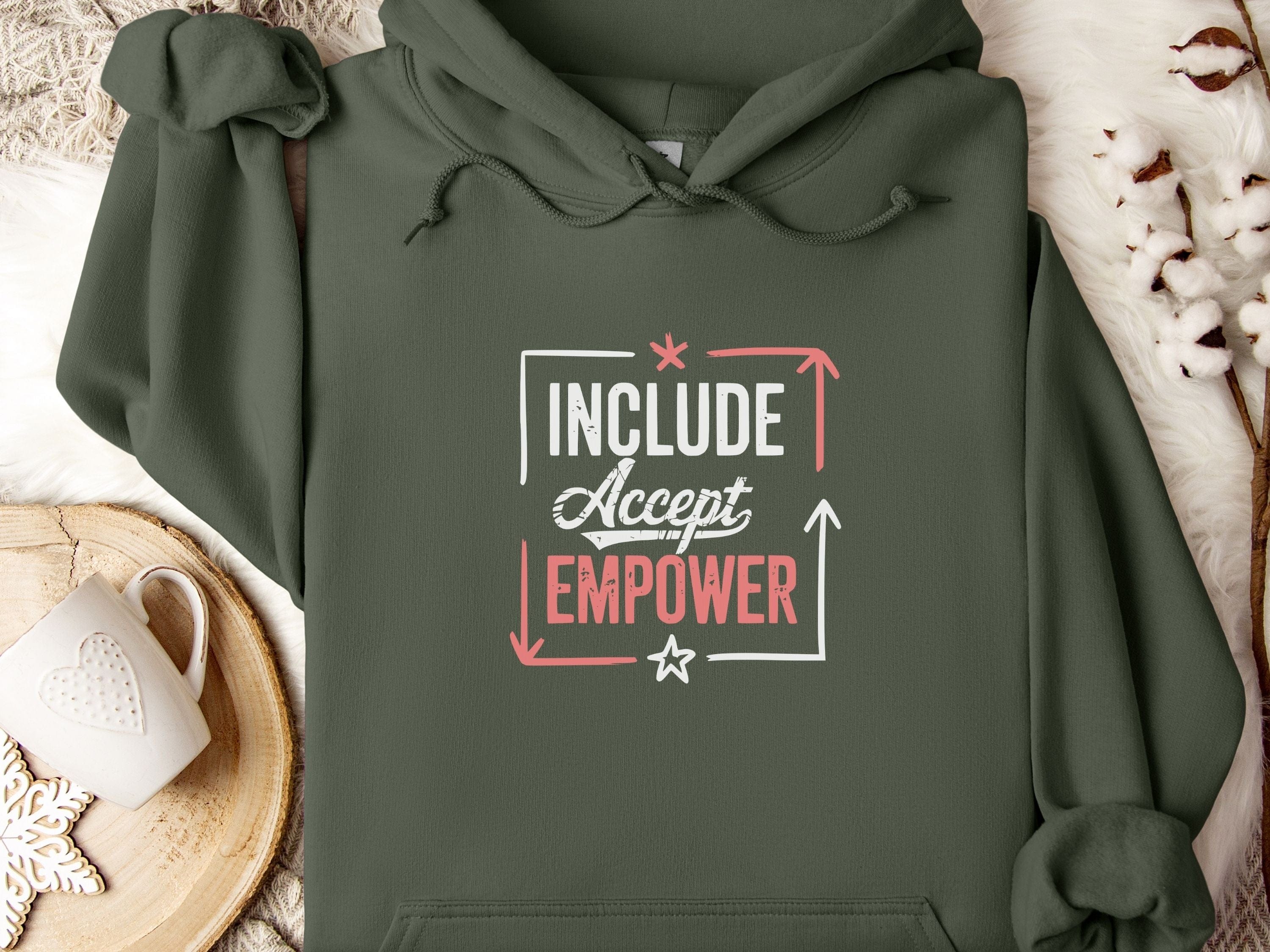 Include Accept Empower Hoodie-Military Green-Neurodiversity, ADHD & Autism Awareness & Acceptance Hoodie by Daily Bloom