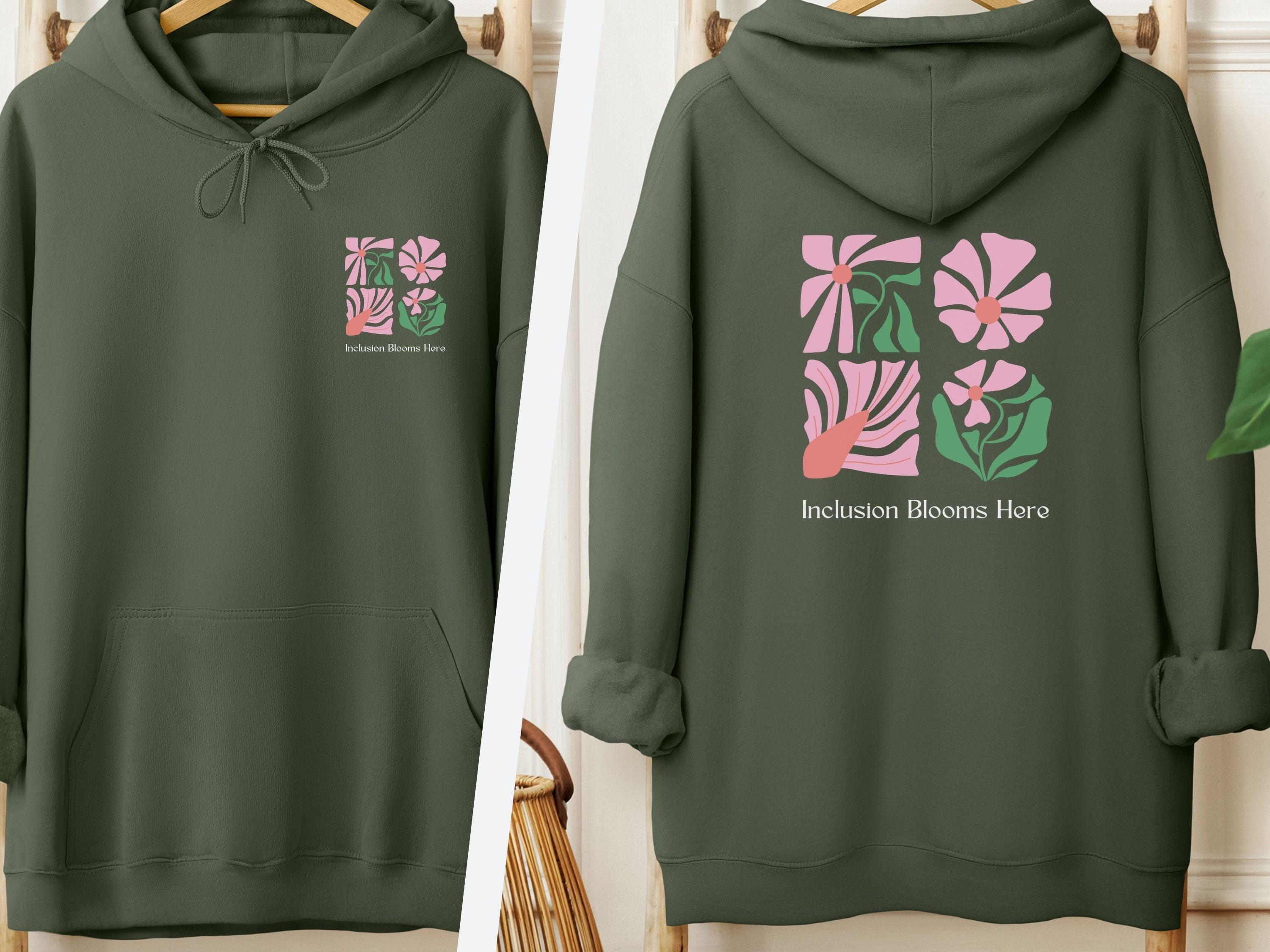 Inclusion Blooms Here Hoodie-Military Green-Neurodiversity, ADHD & Autism Awareness & Acceptance Hoodie by Daily Bloom