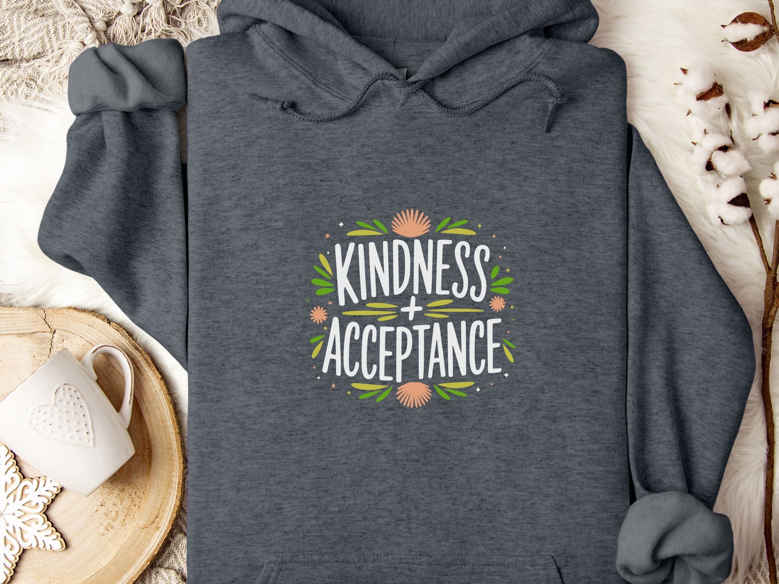 Kindness + Acceptance Hoodie-Dark Heather-Neurodiversity, ADHD & Autism Awareness & Acceptance Hoodie by Daily Bloom