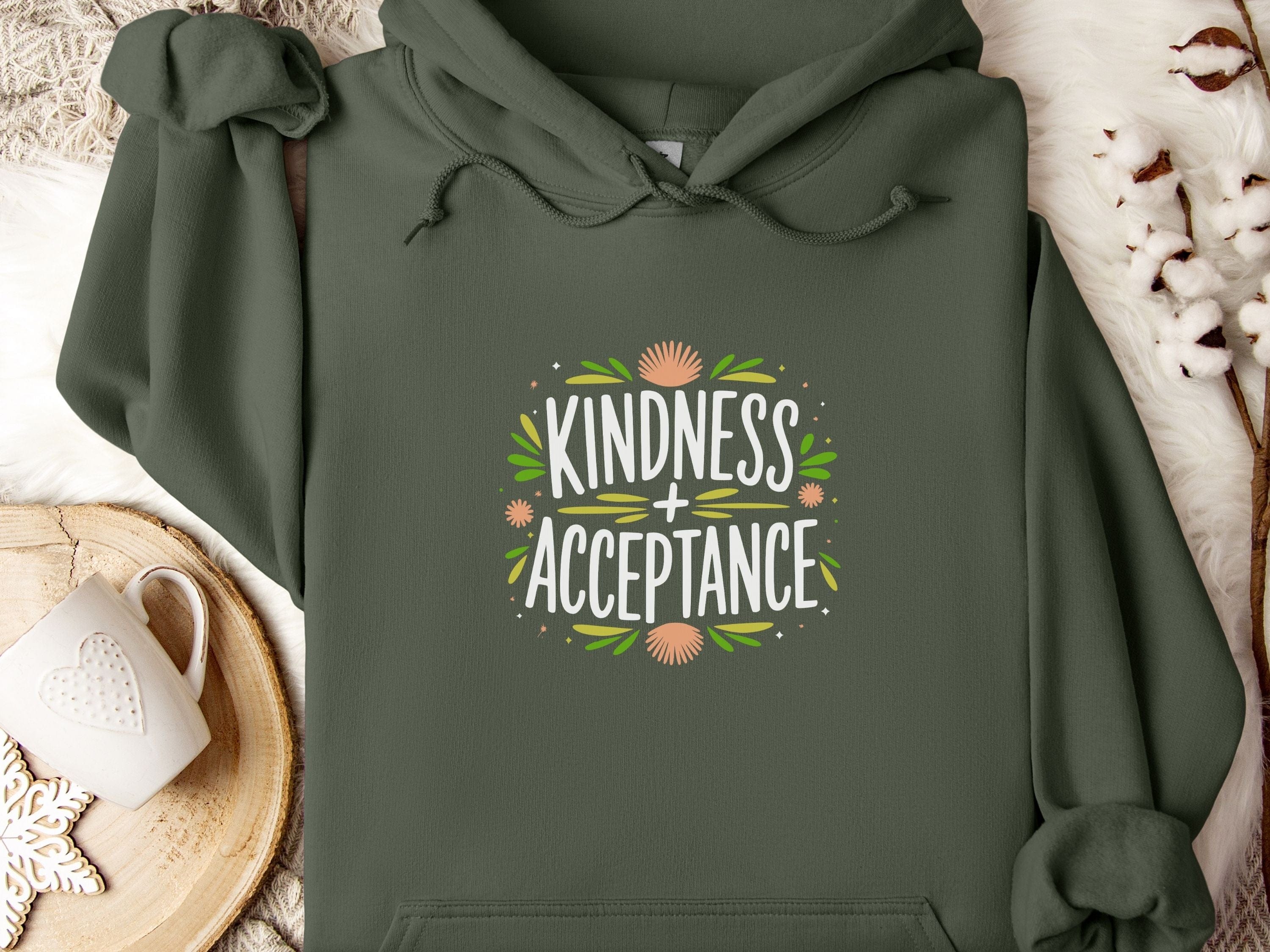 Kindness + Acceptance Hoodie-Military Green-Neurodiversity, ADHD & Autism Awareness & Acceptance Hoodie by Daily Bloom