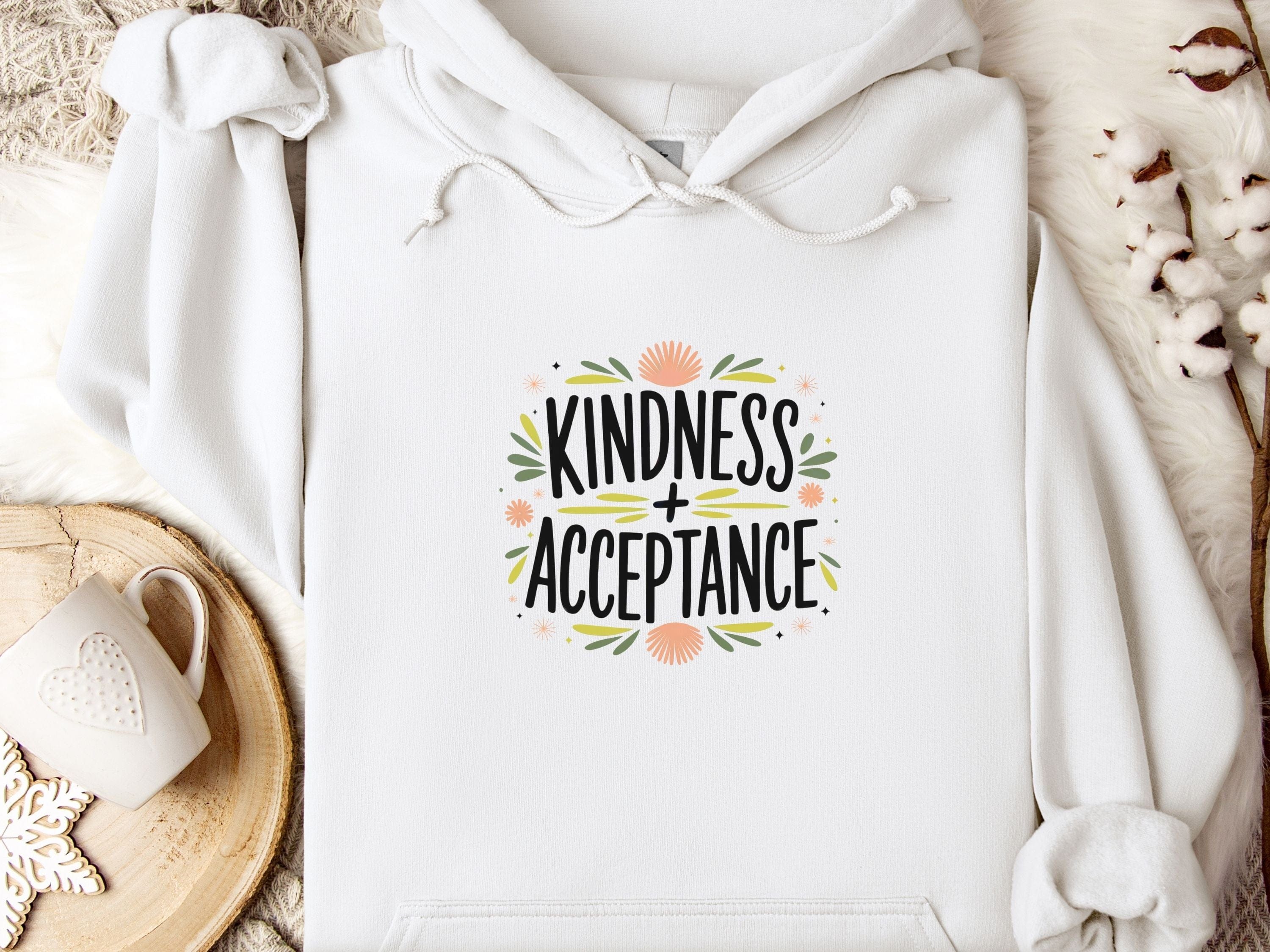 Kindness + Acceptance Hoodie-White-Neurodiversity, ADHD & Autism Awareness & Acceptance Hoodie by Daily Bloom