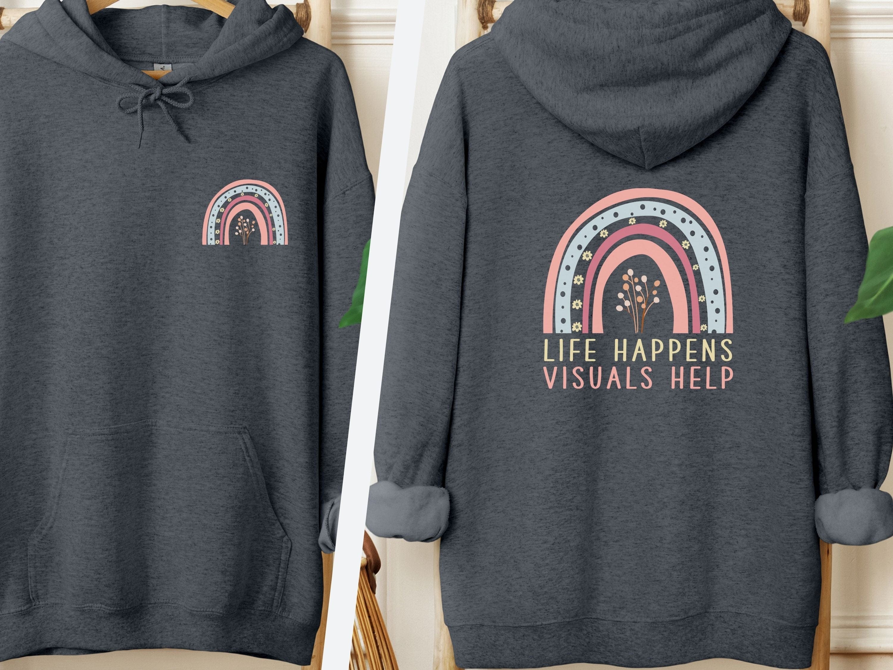 Life Happens Visuals Help Hoodie-Dark Heather-Neurodiversity, ADHD & Autism Awareness & Acceptance Hoodie by Daily Bloom