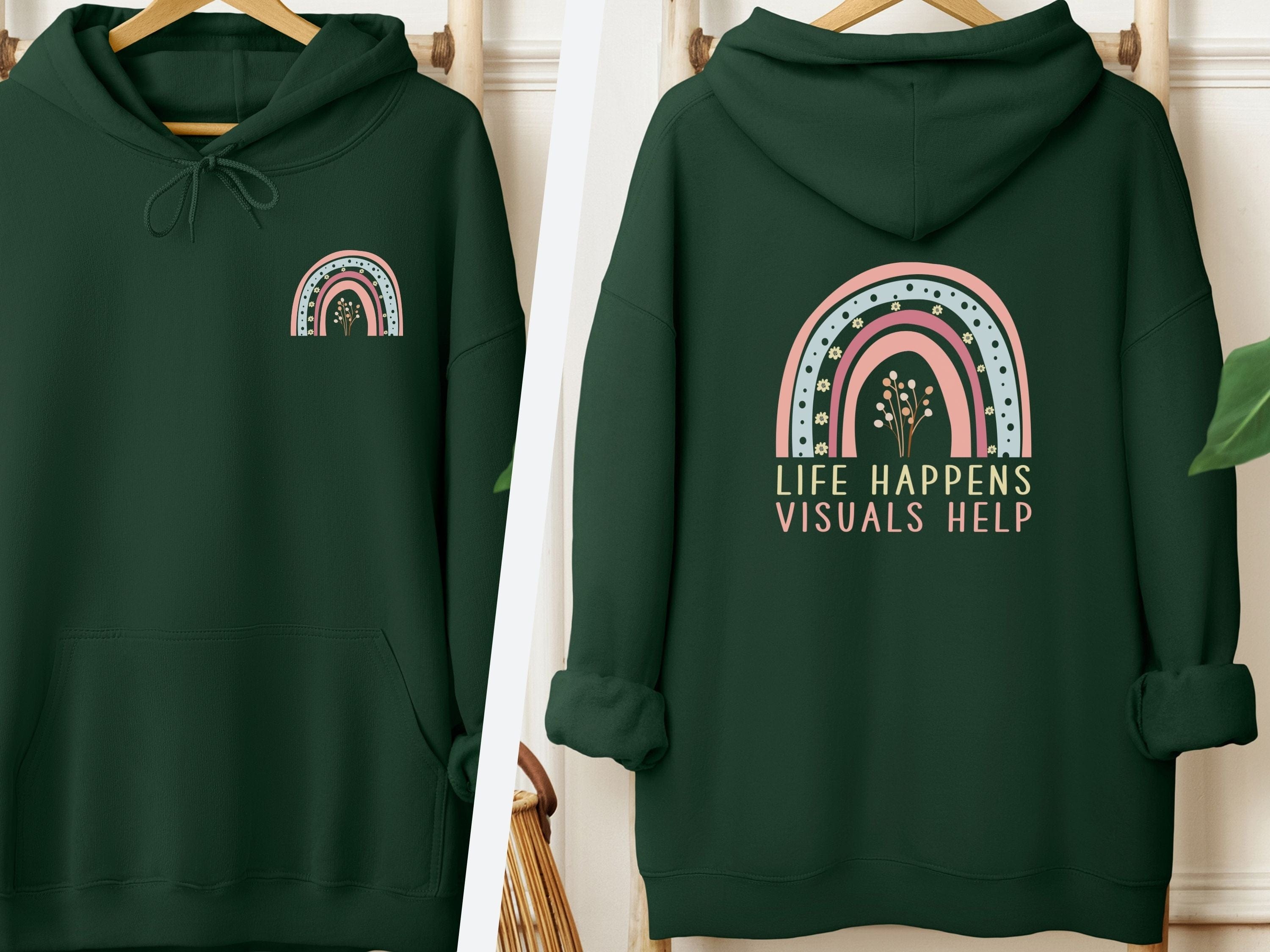 Life Happens Visuals Help Hoodie-Forest Green-Neurodiversity, ADHD & Autism Awareness & Acceptance Hoodie by Daily Bloom