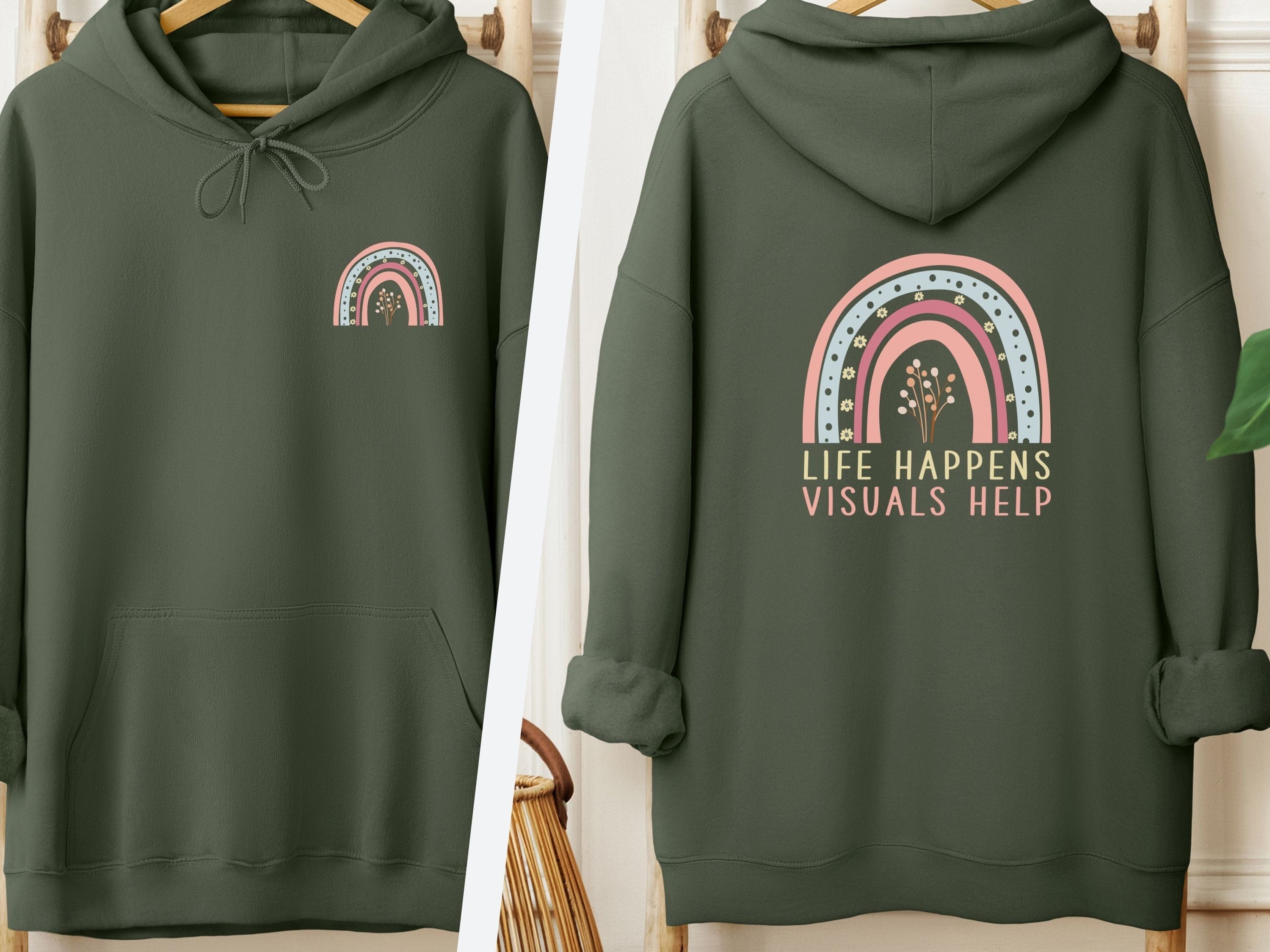 Life Happens Visuals Help Hoodie-Military Green-Neurodiversity, ADHD & Autism Awareness & Acceptance Hoodie by Daily Bloom