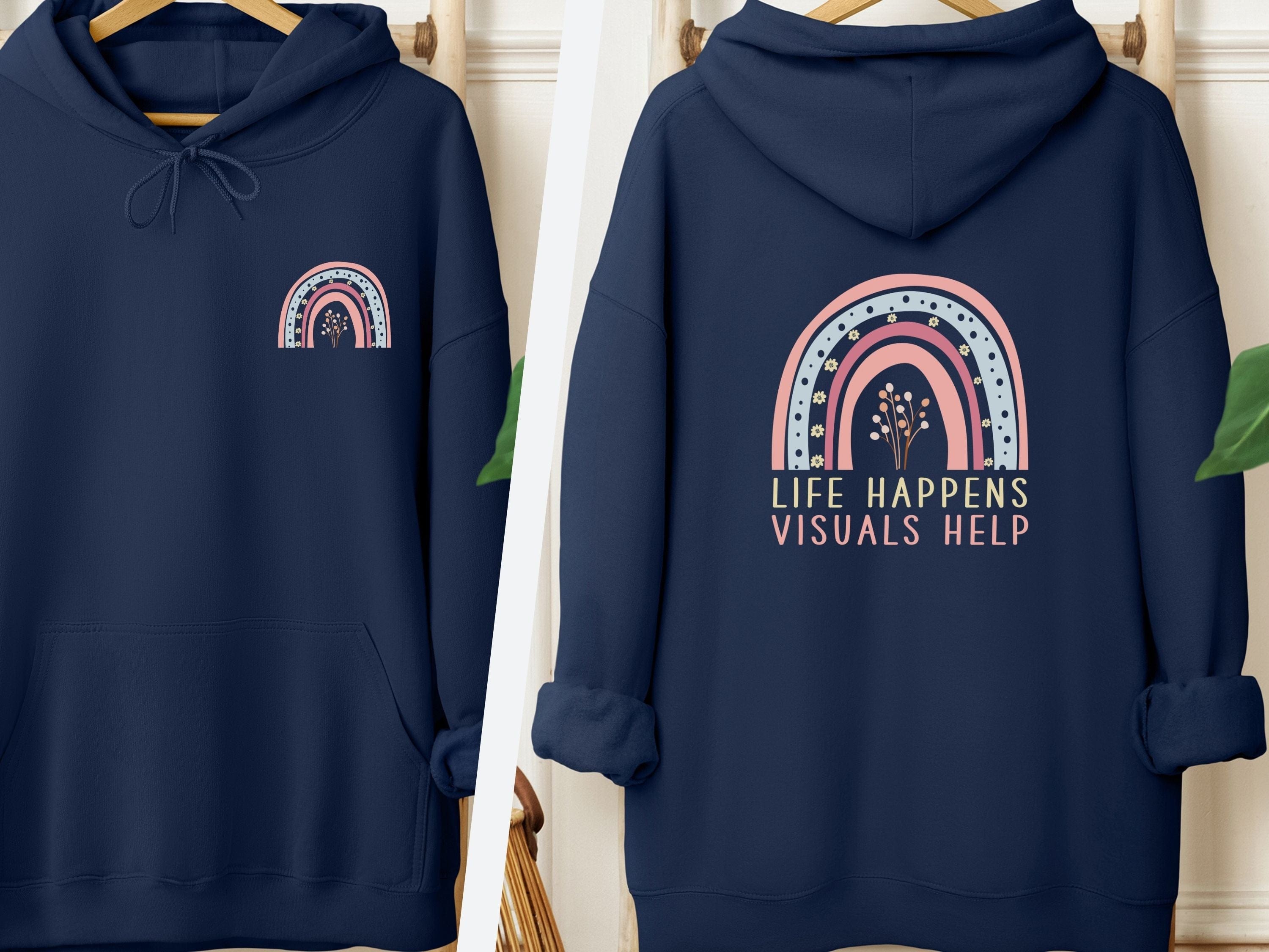 Life Happens Visuals Help Hoodie-Navy-Neurodiversity, ADHD & Autism Awareness & Acceptance Hoodie by Daily Bloom