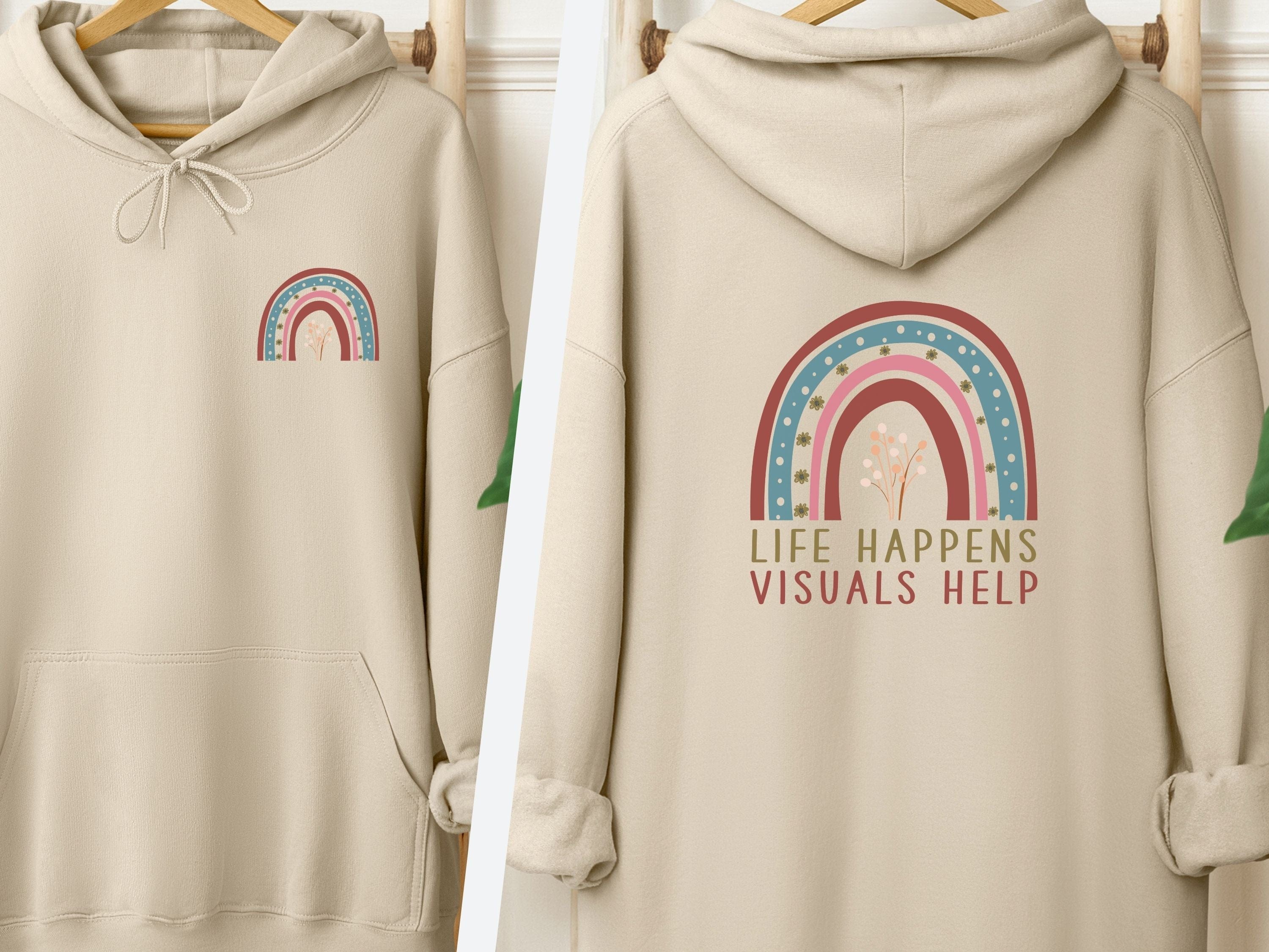 Life Happens Visuals Help Hoodie-Sand-Neurodiversity, ADHD & Autism Awareness & Acceptance Hoodie by Daily Bloom