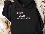 Love Teach Advocate Love Hearts Hoodie-Black-Neurodiversity, ADHD & Autism Awareness & Acceptance Hoodie by Daily Bloom