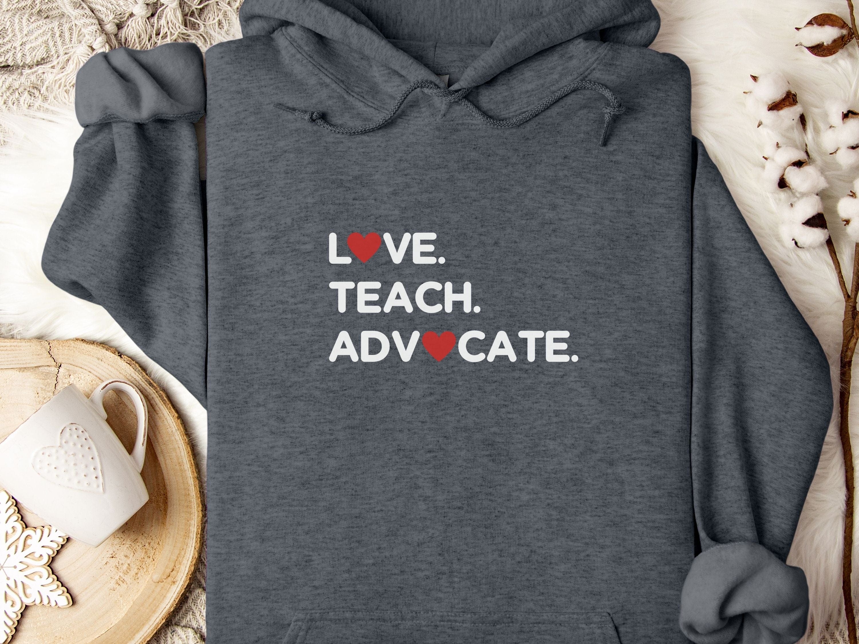 Love Teach Advocate Love Hearts Hoodie-Dark Heather-Neurodiversity, ADHD & Autism Awareness & Acceptance Hoodie by Daily Bloom