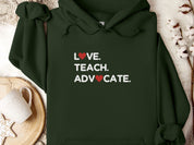 Love Teach Advocate Love Hearts Hoodie-Forest Green-Neurodiversity, ADHD & Autism Awareness & Acceptance Hoodie by Daily Bloom