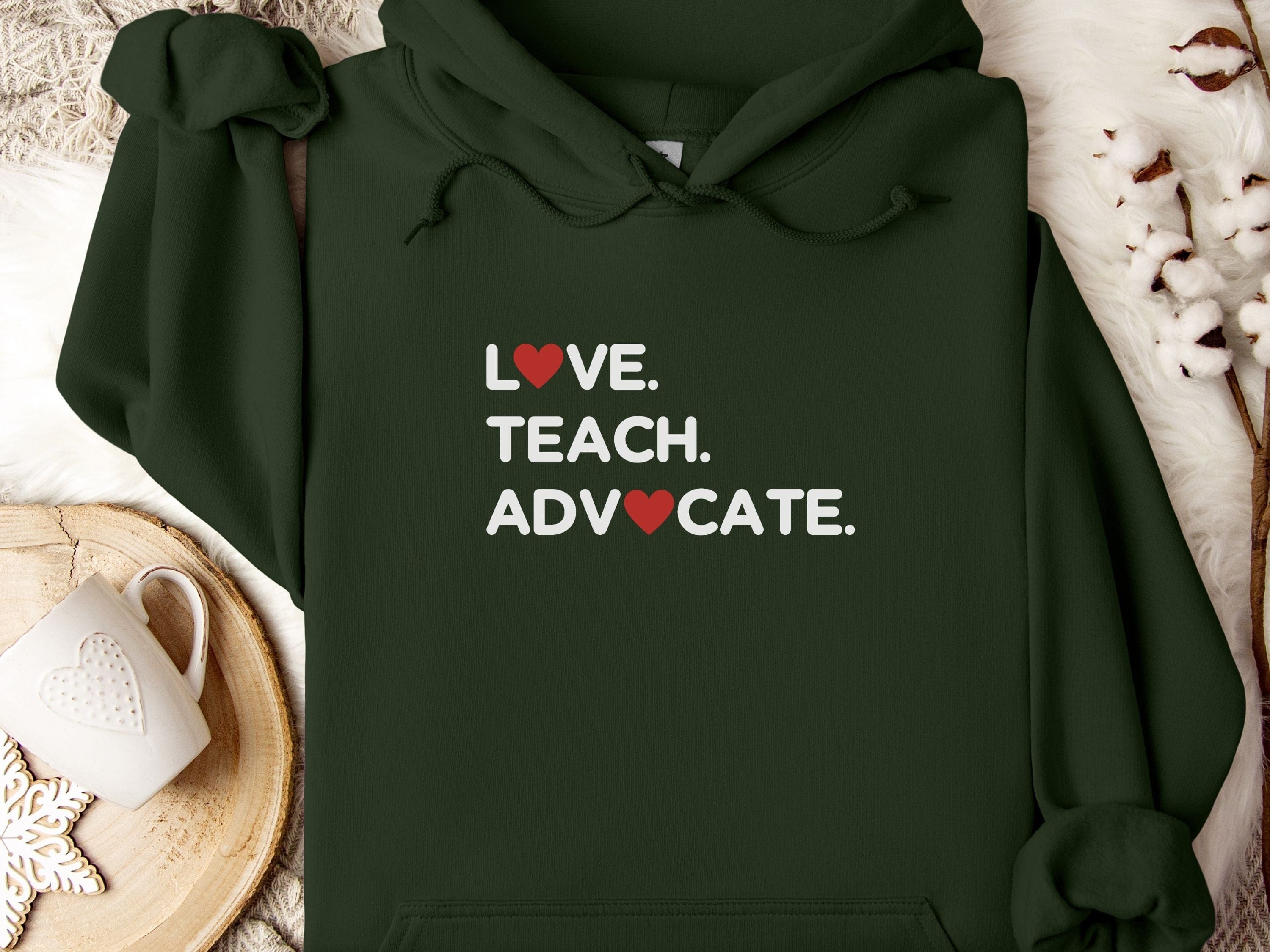 Love Teach Advocate Love Hearts Hoodie-Forest Green-Neurodiversity, ADHD & Autism Awareness & Acceptance Hoodie by Daily Bloom