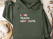 Love Teach Advocate Love Hearts Hoodie-Military Green-Neurodiversity, ADHD & Autism Awareness & Acceptance Hoodie by Daily Bloom