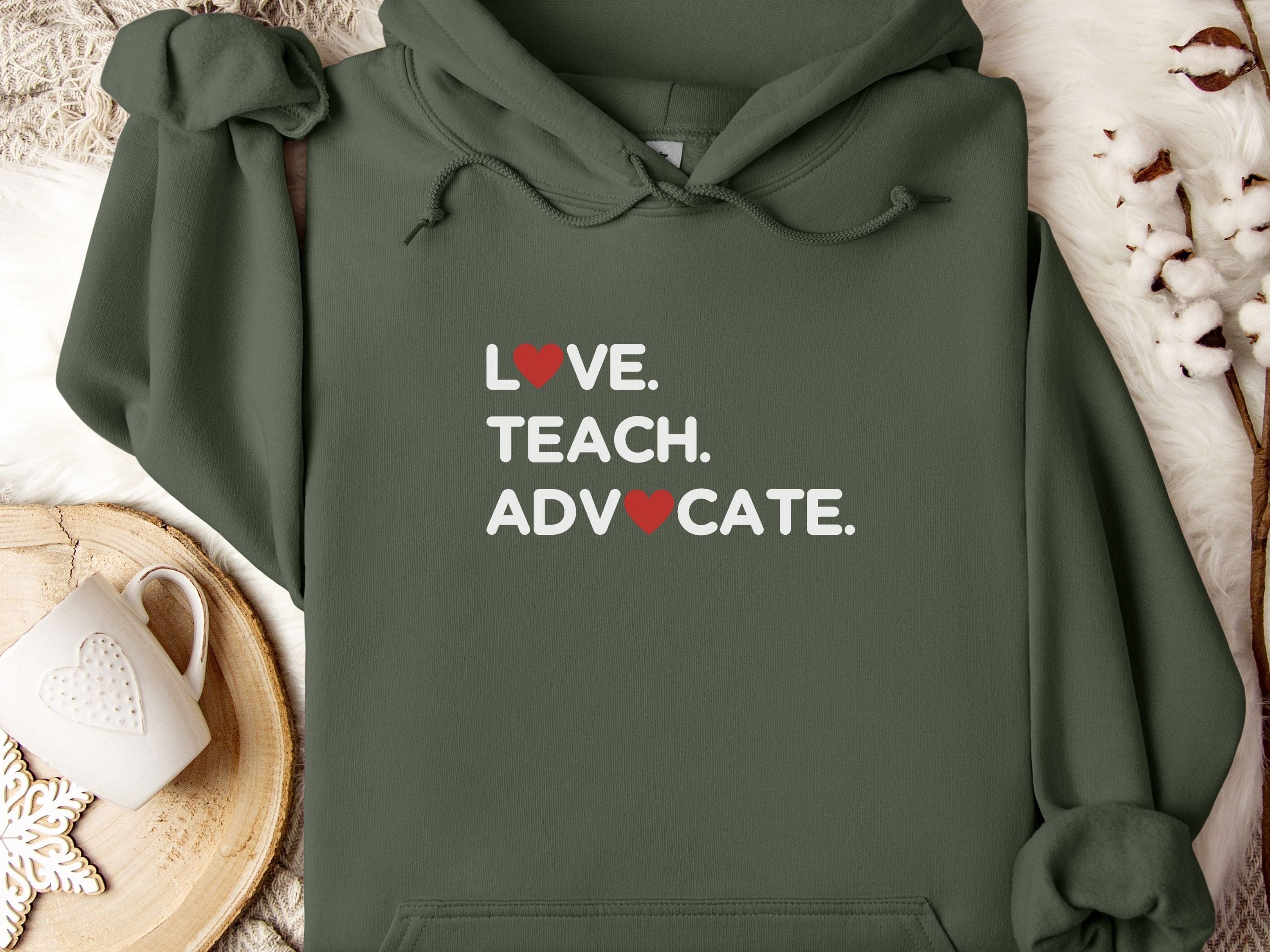Love Teach Advocate Love Hearts Hoodie-Military Green-Neurodiversity, ADHD & Autism Awareness & Acceptance Hoodie by Daily Bloom