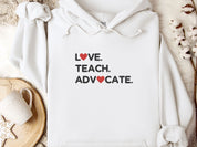 Love Teach Advocate Love Hearts Hoodie-White-Neurodiversity, ADHD & Autism Awareness & Acceptance Hoodie by Daily Bloom